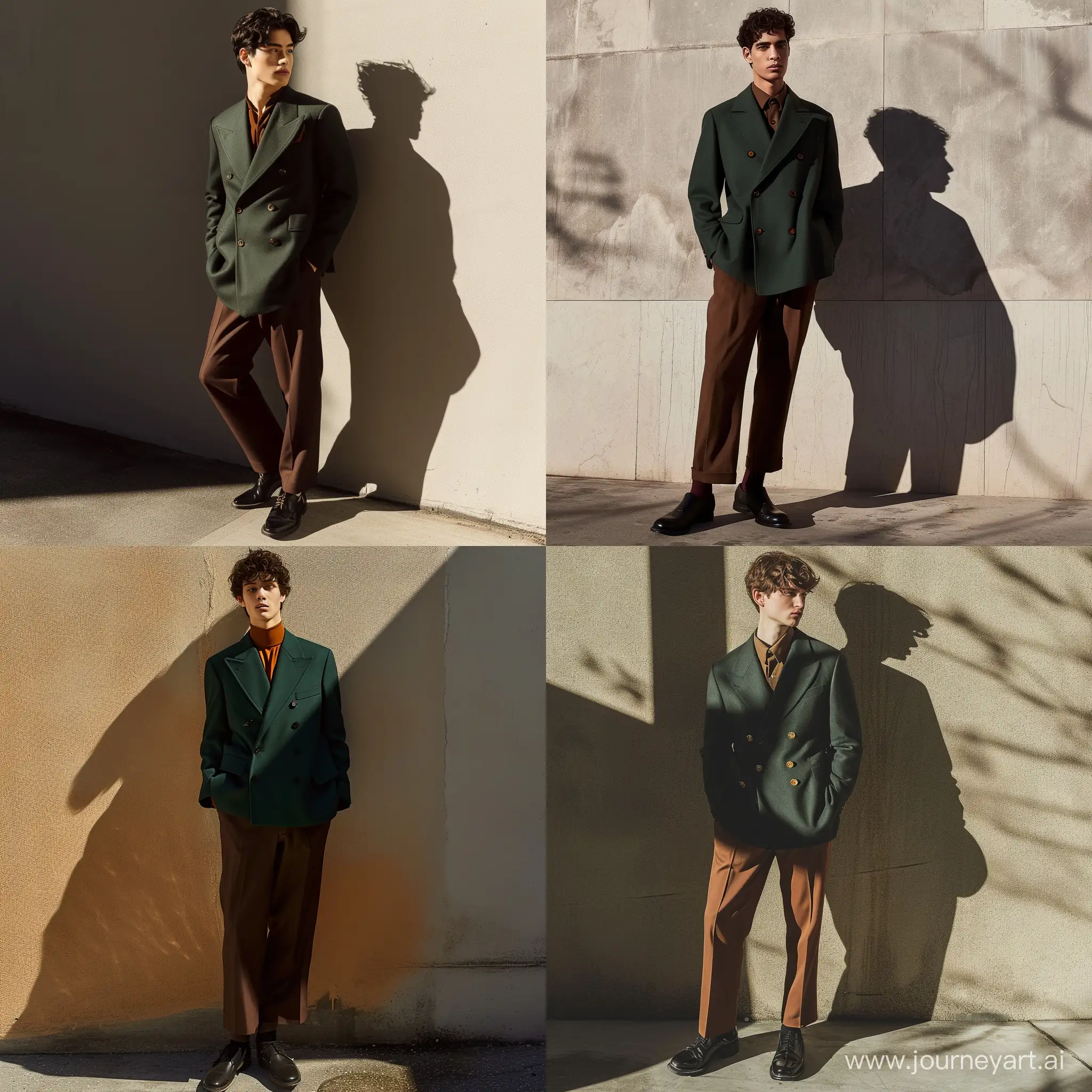 a man, standing against a wall where their shadow is cast, wearing a dark green double-breasted jacket, brown trousers, and black shoes, The image has a formal and artistic vibe