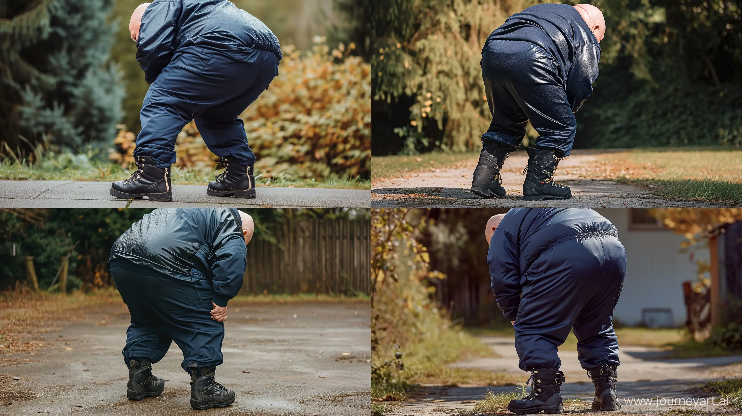 Back view of a chubby man aged 70 wearing a slightly shiny navy tracksuit and black hiking boots. He is bending over. Natural Light. Clean shaven. Bald. Outside. High-quality. Natural Light. --ar 16:9 --v 6