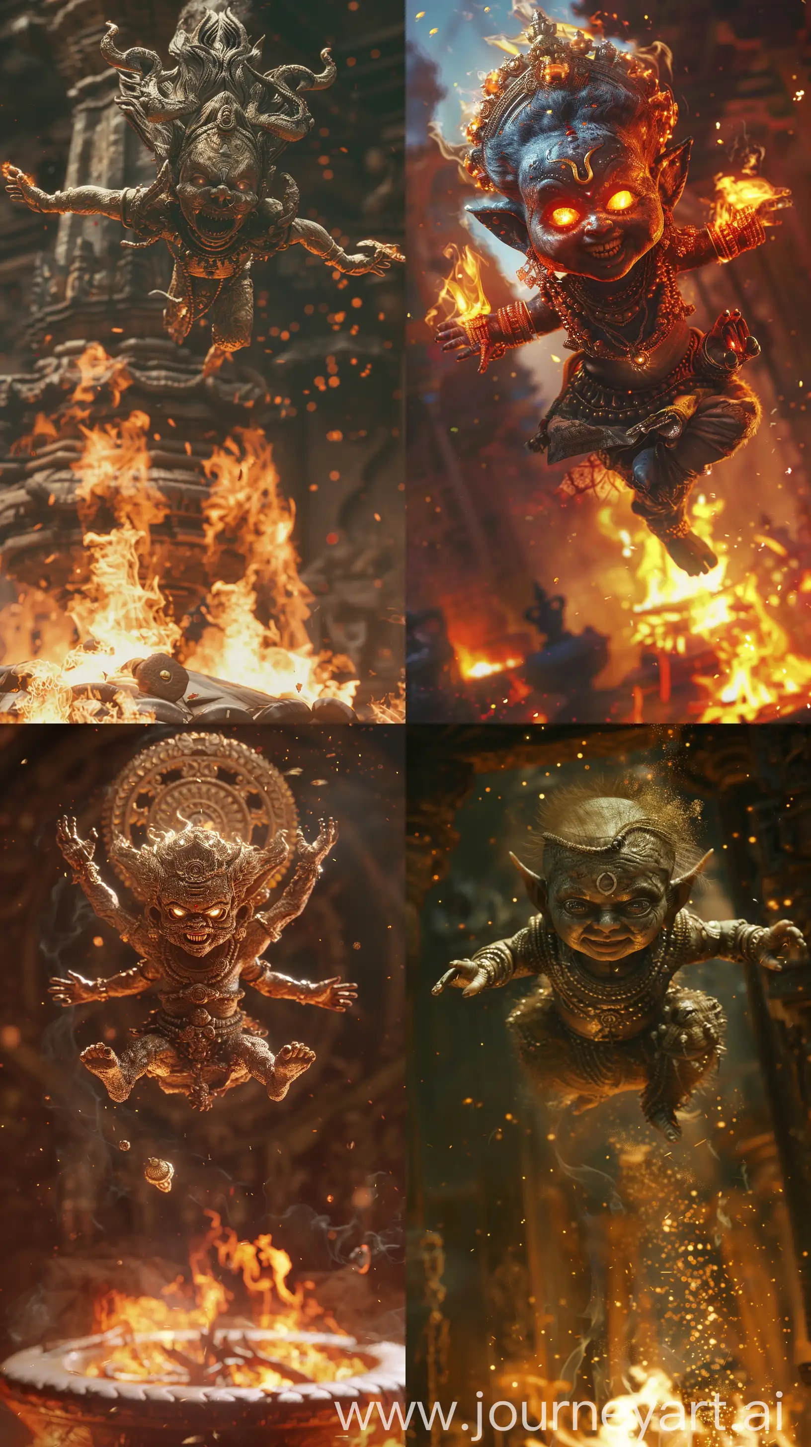 Images depicting a new born demon from ancient Indian times, floating above a funeral pyre, close-up image, intricate details, 8k quality images --ar 9:16 
