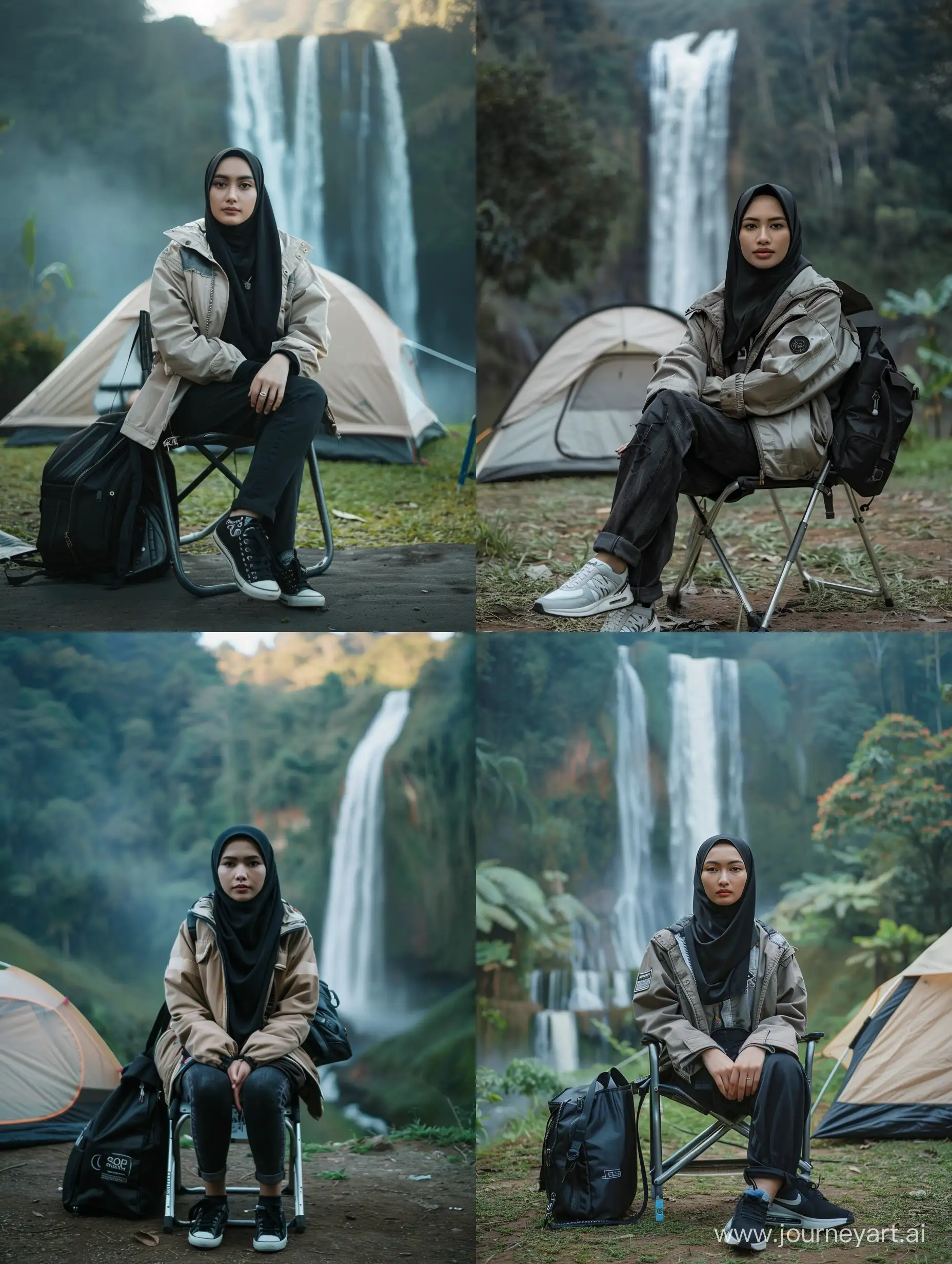 Stylish-Indonesian-Woman-in-Javanese-Hijab-by-Stunning-Waterfall