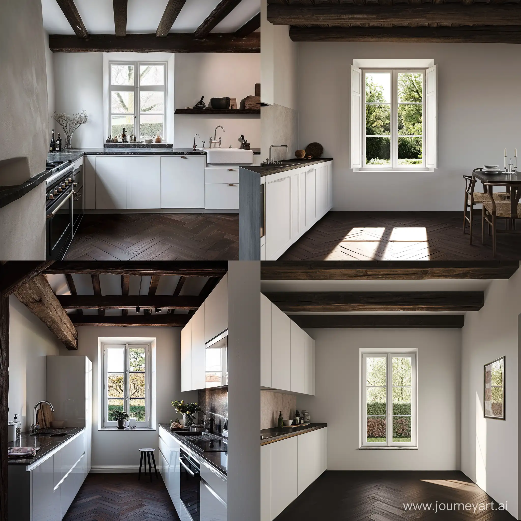 cucina con finestra sul giardino colore soft white. stile moderno.  pavimento parquet scuro  soffitto travi di legno.