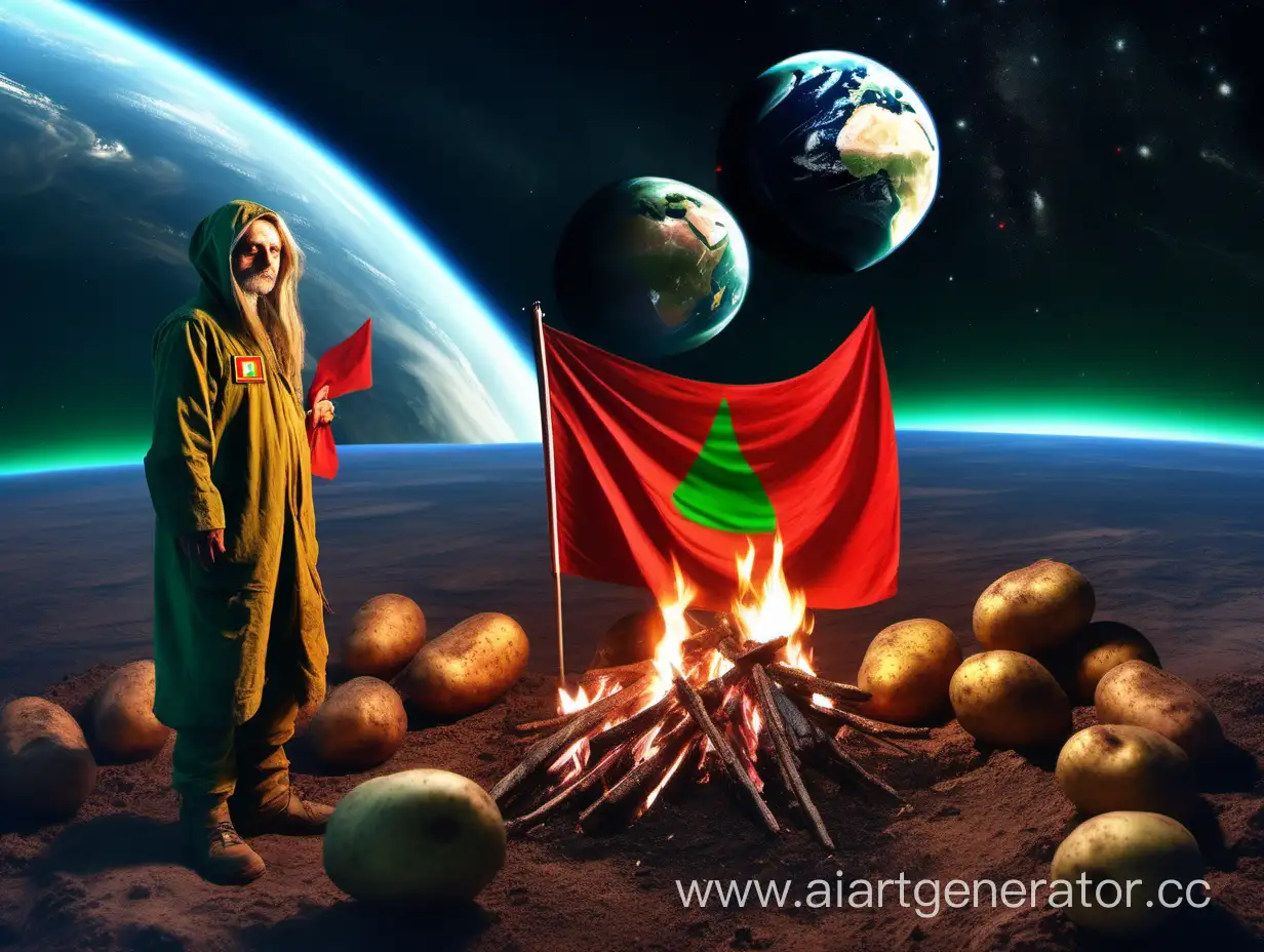 Белорусский друид с красно зеленым флагом, вечером у костра сидит на картошке, на космической станции с видом на землю, космос захвачен Белорусией