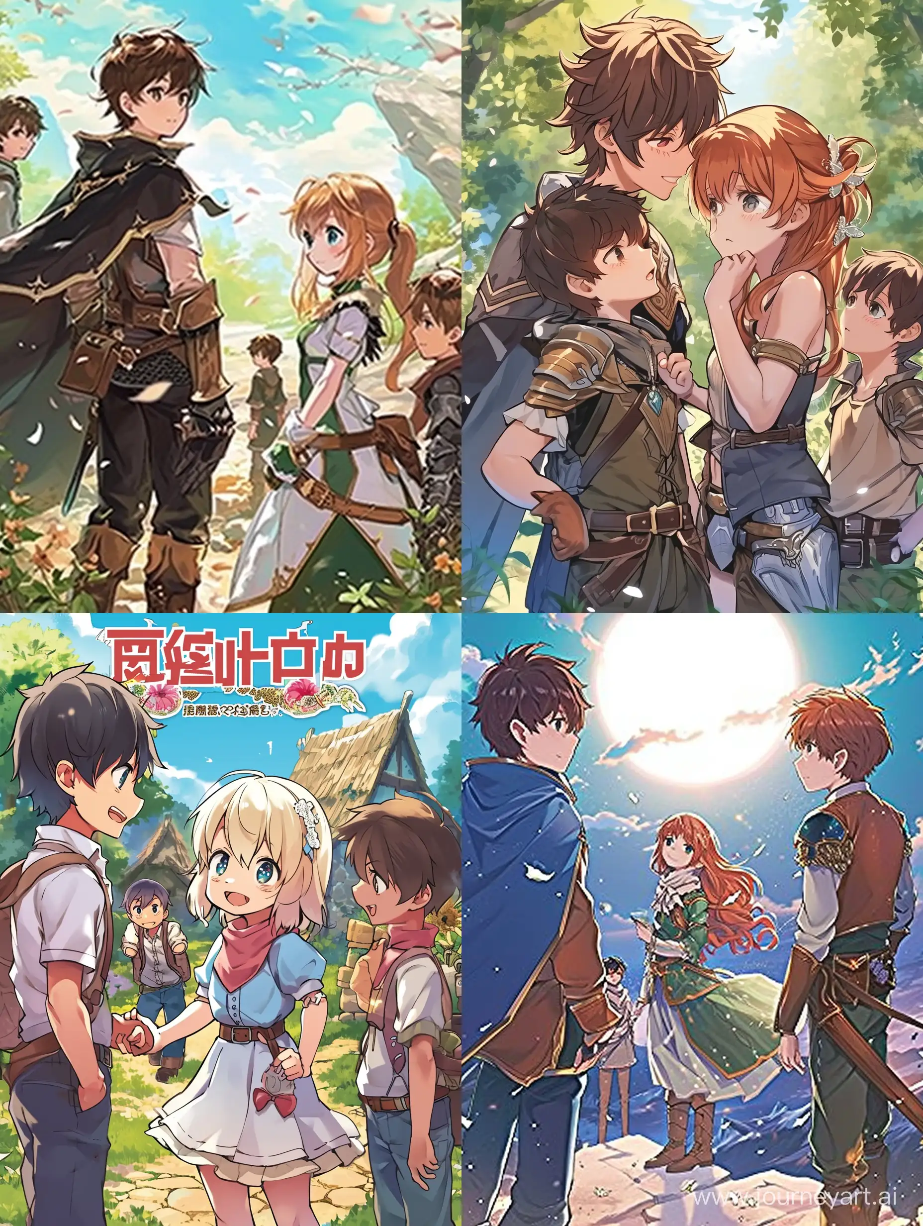 A cover for a light novel, fantasy world, boy and girl, two boys near, anime style.