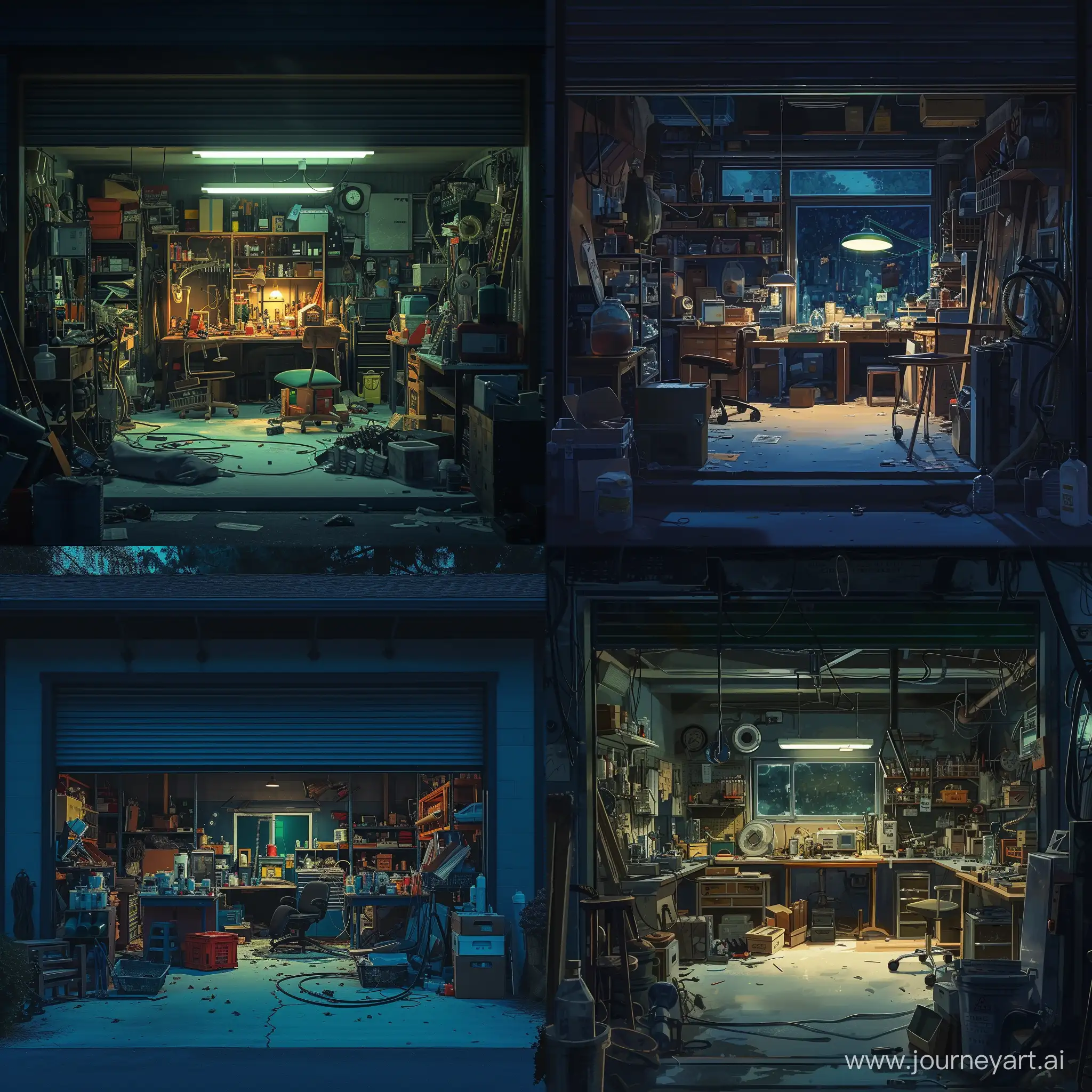 garage full of clutter and furniture, inside the garage, dark illuminated laboratory, workshop background, laboratory scene