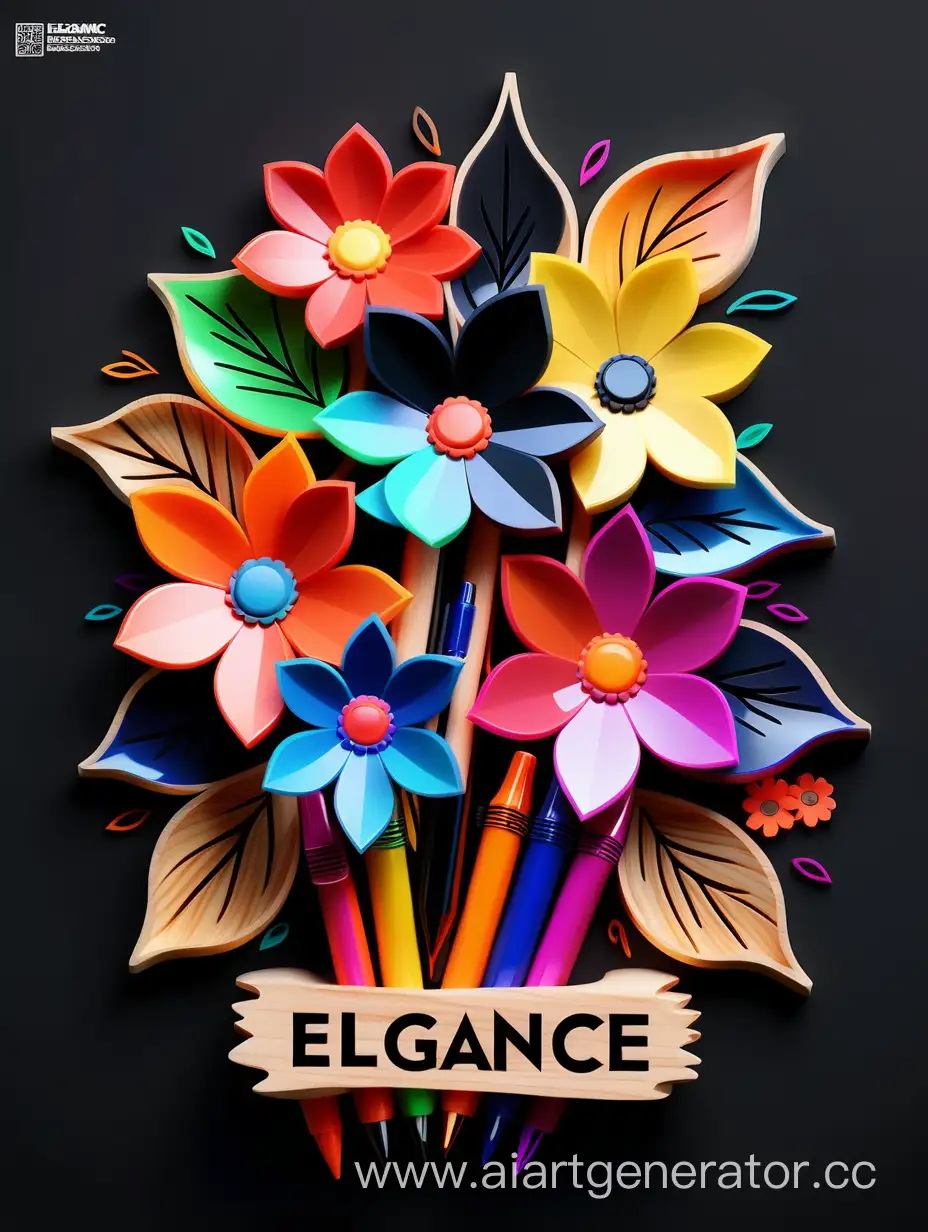 """
Unique Logo Design for "Elegance" Online StorePattern Epoxy Resins - Colorful Pens and Wood Shavings in the Shape of Flowers, with a Wonderful Phrase in the Middle, Electric, Black Background, High-Quality Image "
" Elegance" 
"""