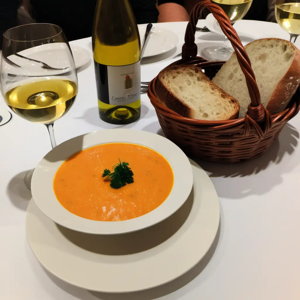 Homemade Carrot Soup with Bread Basket and White Wine
