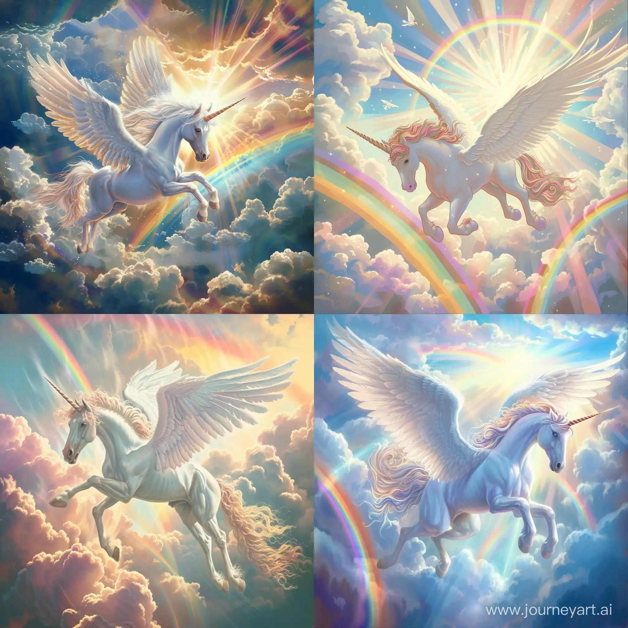 сказочный Пегас летит среди облаков и радуги, сияние, свет, иллюстрация 