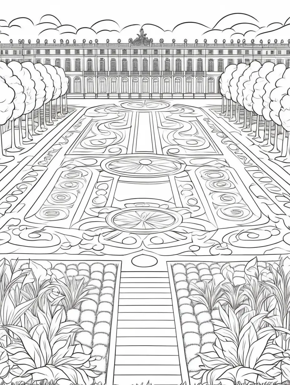 Create a line art coloring page featuring gardens of versailles. Emphasize clean , thin and minimalistic lines, utilizing a one-line drawing style for an elegant effect. Omit logos and letters from the design.  Ensure the overall aesthetic is minimalist, providing easy-to-color elements that capture the charm of the gardens of versailles. The coloring page should reflect the beauty of the scene with simplified details and a user-friendly design. No black filling
