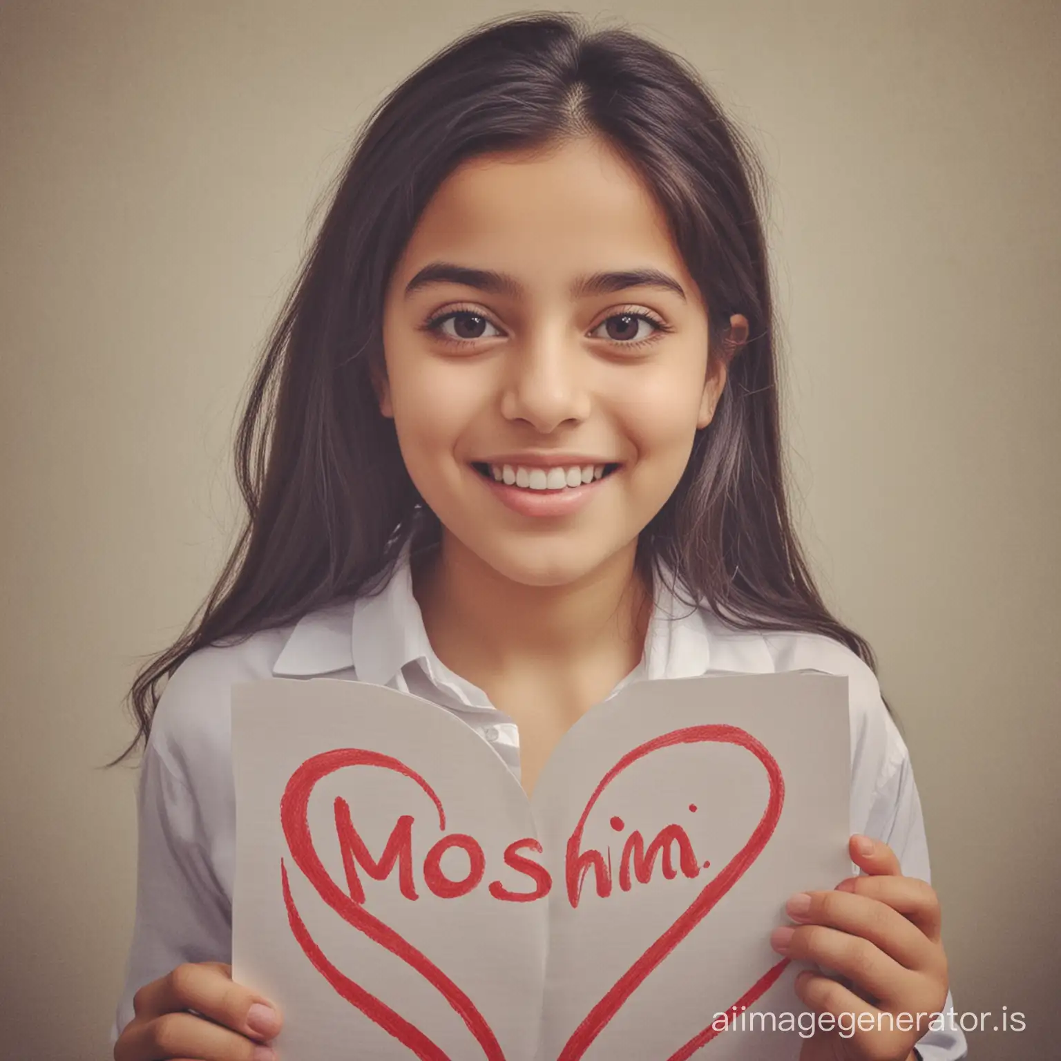A girl, she show her heart in which writed word "Mohsin "