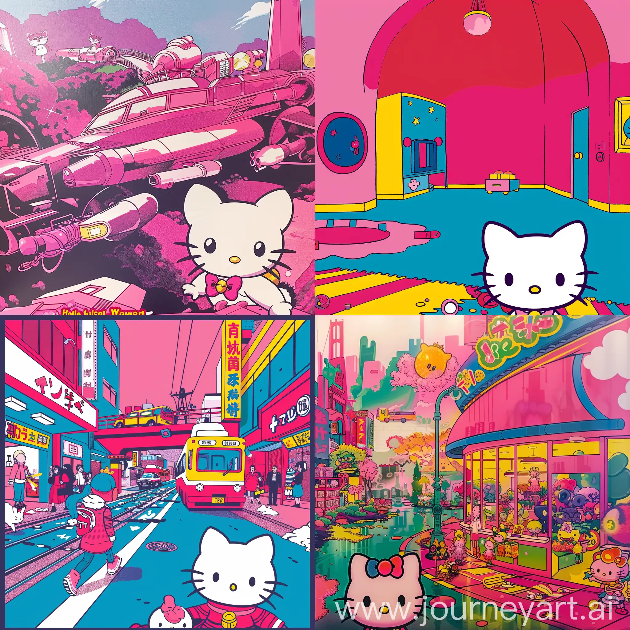 一张卡通海报，右下角有个Hello Kitty，以粉色为主