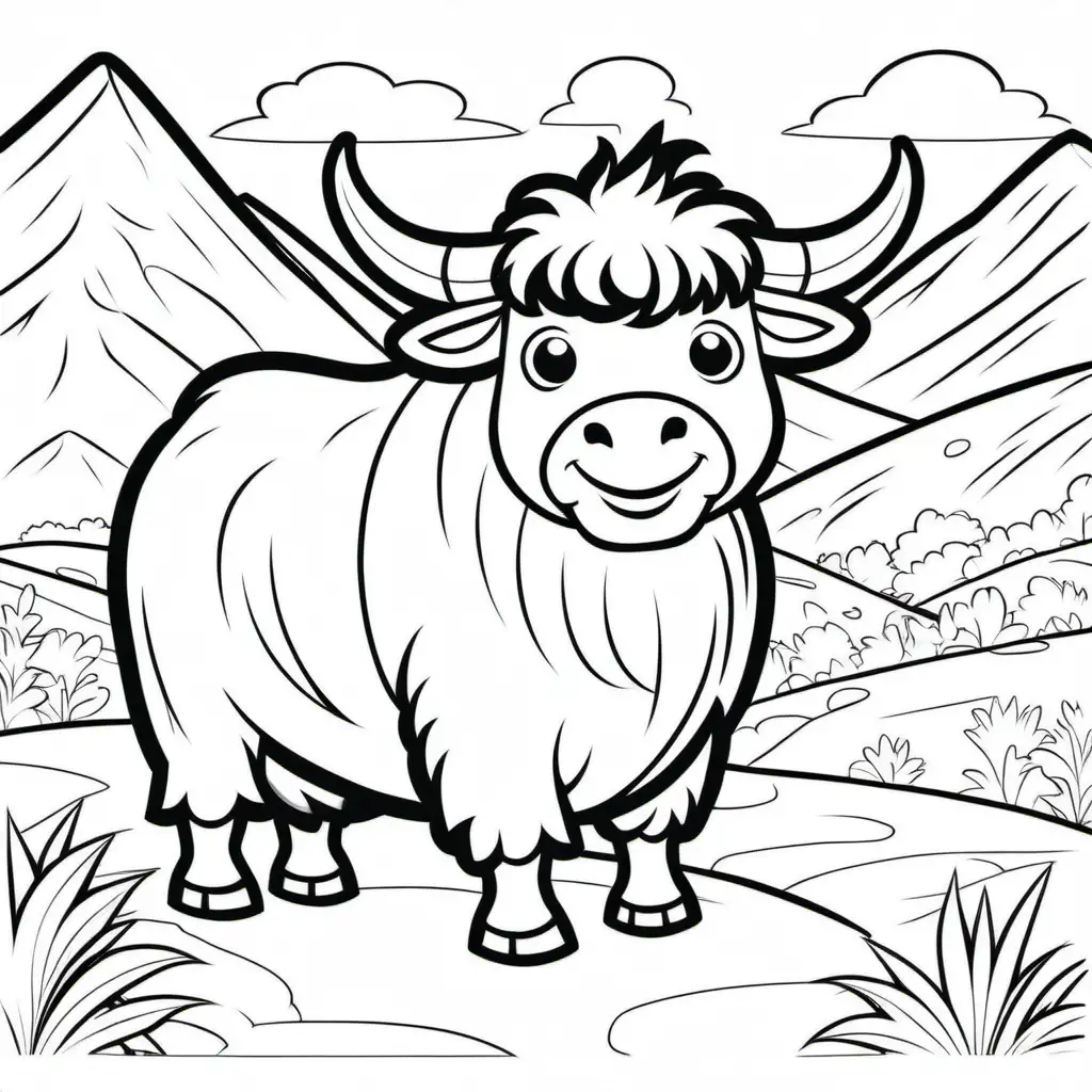 Create a coloring book page for 1 to 4 year olds. A simple cartoon  cute smiling friendly faced Yak in their native enviroment. The image should have no shading or block colors and no background, make sure the animal fits in the picture fully and just clear lines for coloring. make all images with more cartoon faces and smiling