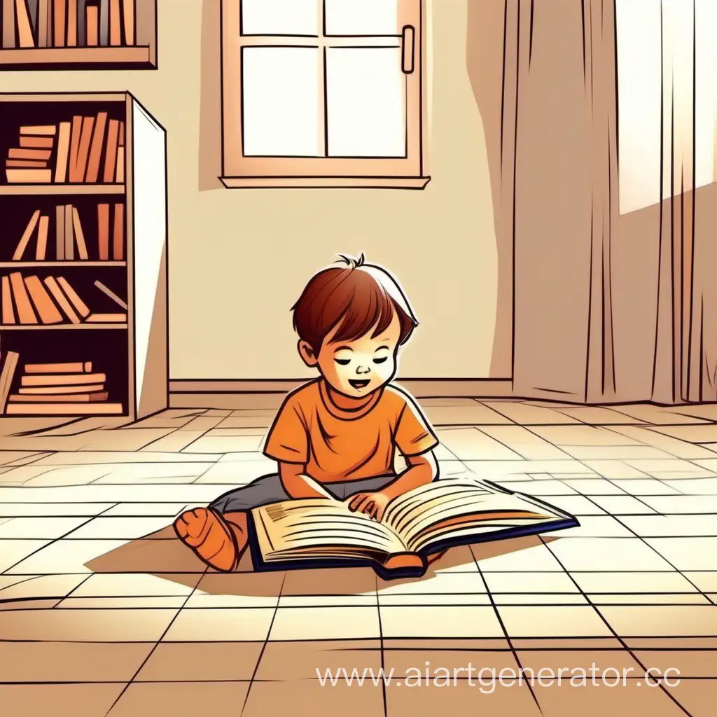 маленький ребёнок лежит на полу и увлечённо читает книгу (мультяшный стиль)