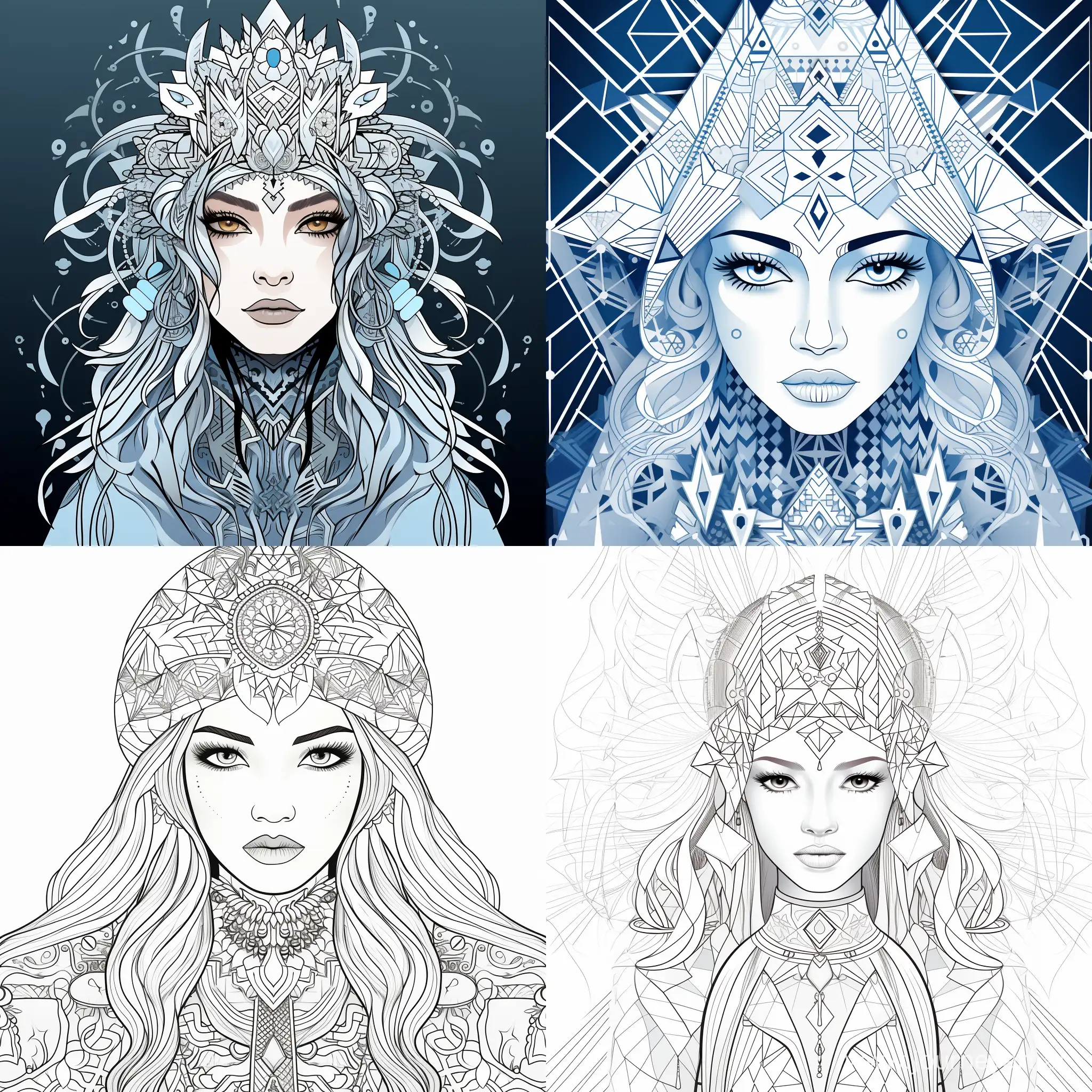 snow queen in ethnic patterns style, in simple and minimalistic vector style, line art, geometric, high quality detailed, in line drawing style