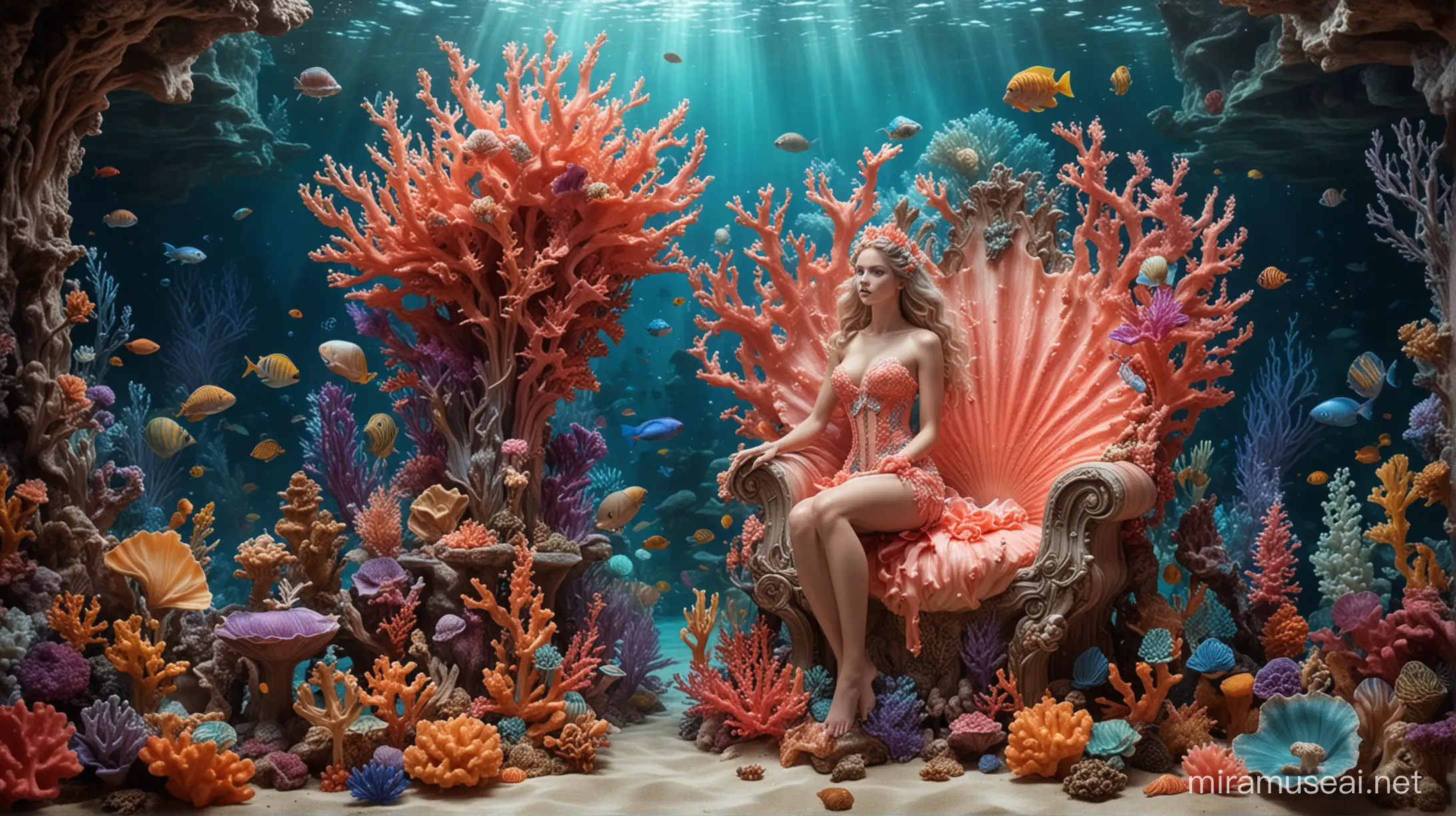 Enchanted fantasy colorful coral underwater with fantasy seacreatures and mermaid on a coral shell throne