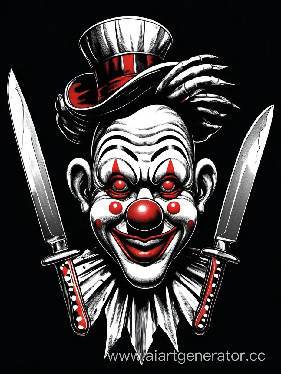 На чёрном фоне Чёрно белая голова клоуна, с двух сторон ножи