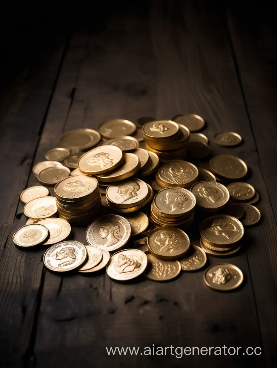 a pile of gold coins on an old table