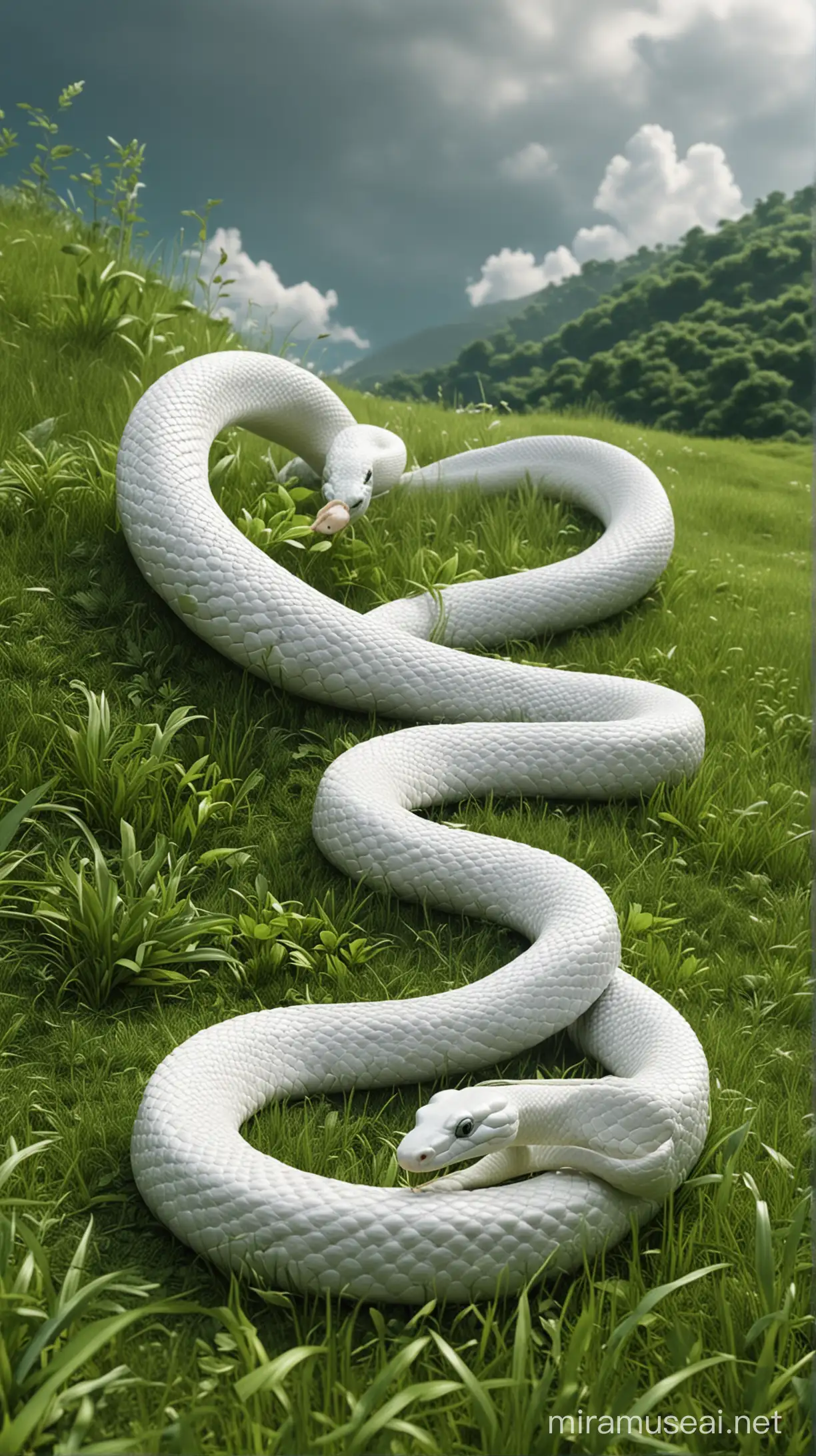 A giant white snake on a green hill, 4k, hyper realistic