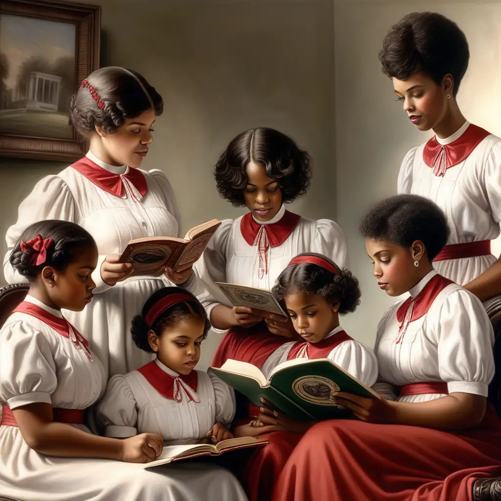 Generate a  realistic painting that portrays an elegant Delta Sigma Theta woman in her 30s,  reading to girls in 1913, 