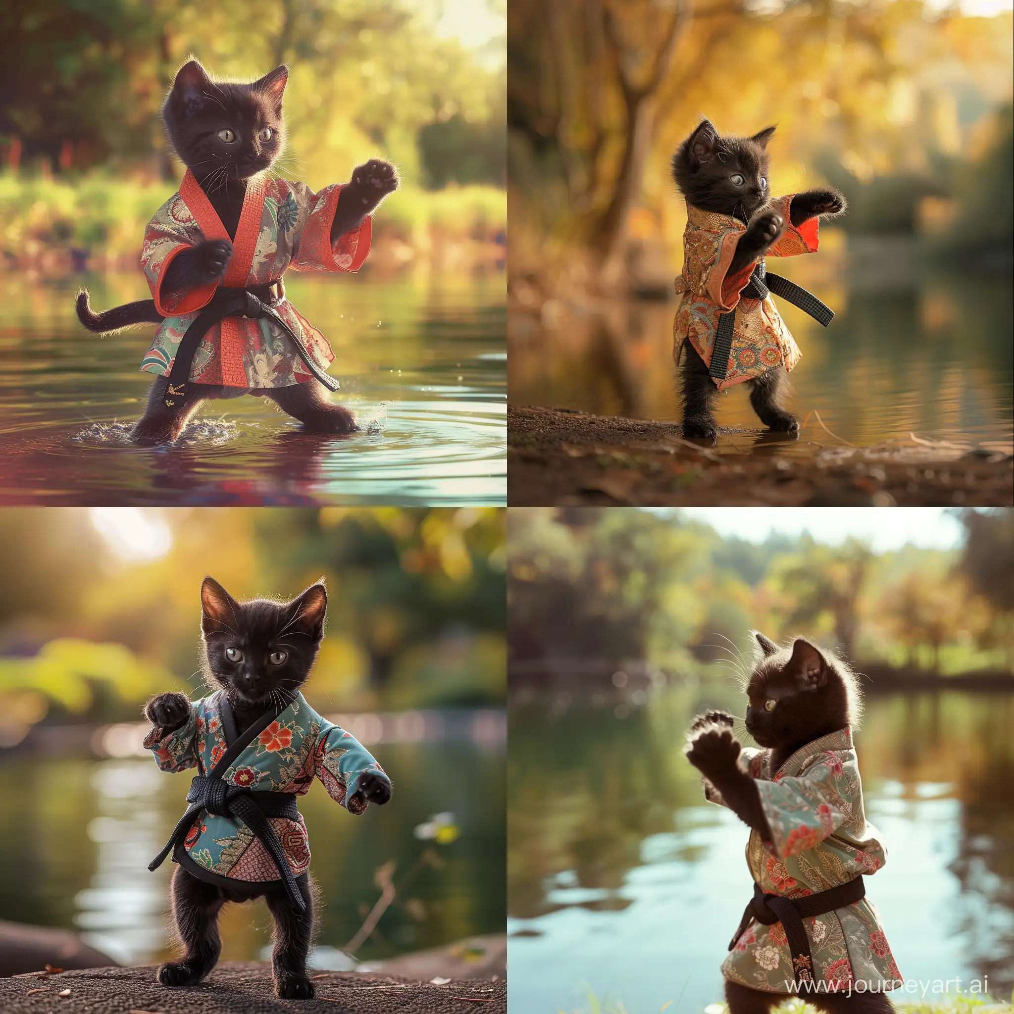 Real Photography of a cute black cat cub that is doing karate with a traditional kimono, super detail, ultra hd, 8k, real life, maximum facial detail, vibrant colors in a lake, Morning, Natural lighting, Sunny, Al estilo de Luis royo, Fujifilm Pro 400H, Extreme long shot, Adventure, analog, intricate details, 8k, sharp, hyperrealistic, hyperdetailed