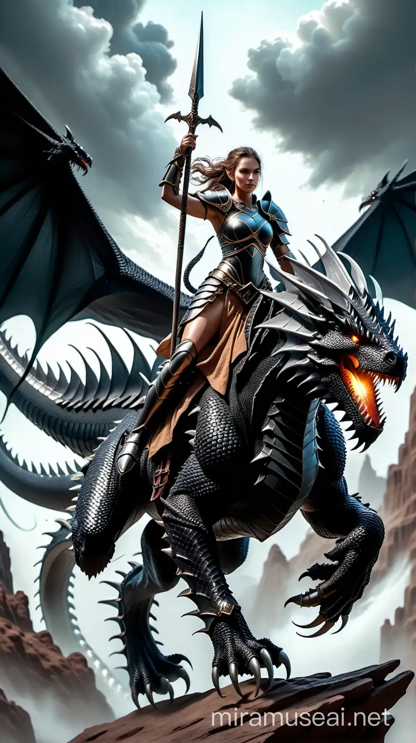 Female Knight Riding Black Dragon into Battle High Fantasy Art