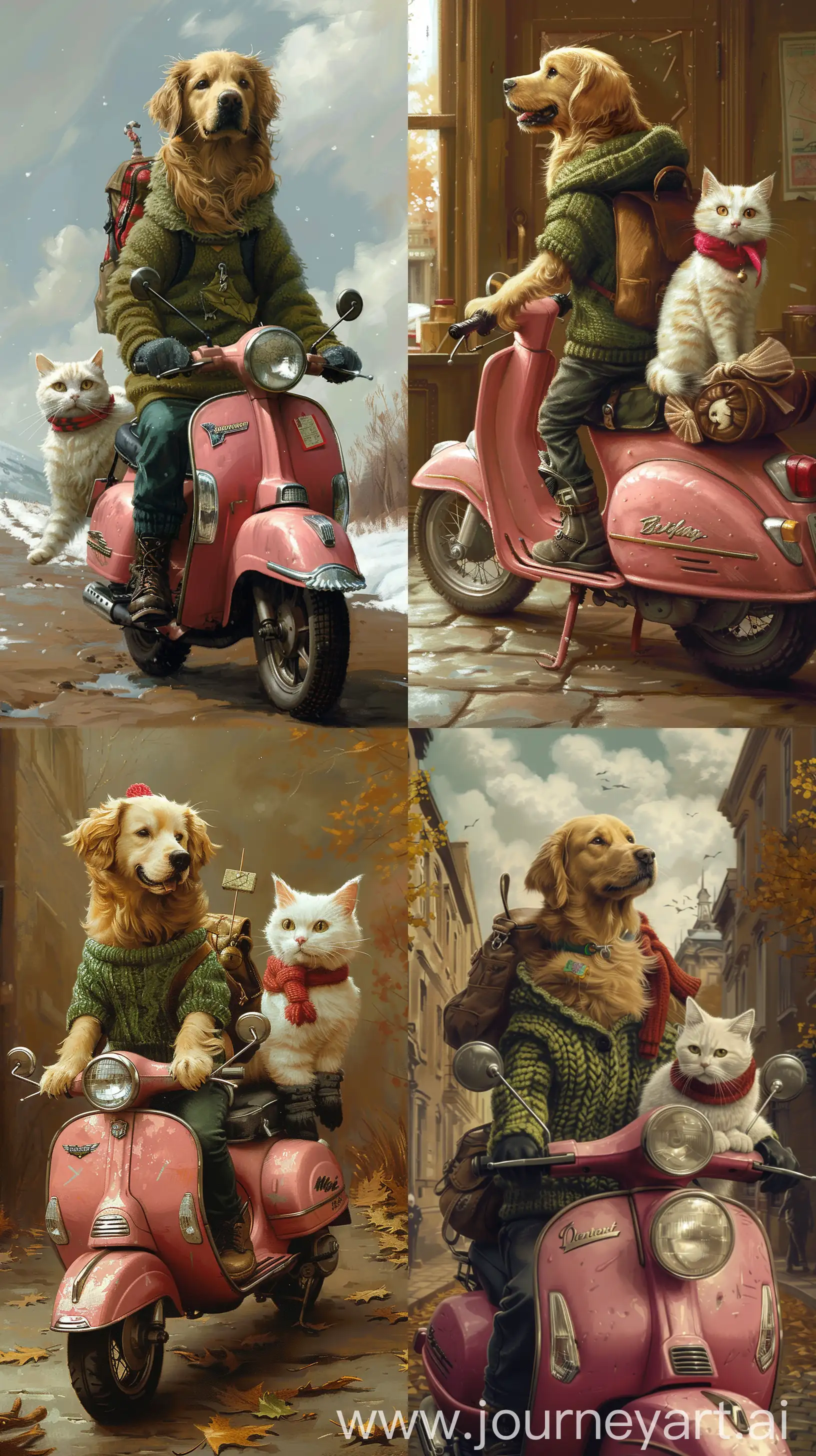 a golden retriever riding the pink motprcycle,A cat sitting on the back of a motorcycle,the golden retriever is a with a golden brown coat, dressed in a cozy green sweater and carrying a tiny backpack with a map sticking out, the cat with white fur and distinctive black mittens, wearing a bright red scarf —ar 9:16 —stylize 250 —v 6