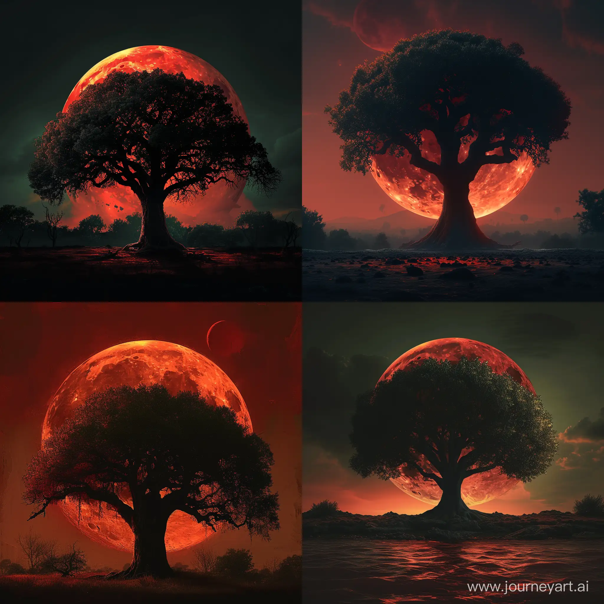 Красивый грустный пейзаж, в темных тонах, по середине стоит большое дерево, а на фоне дерева большая красная луна