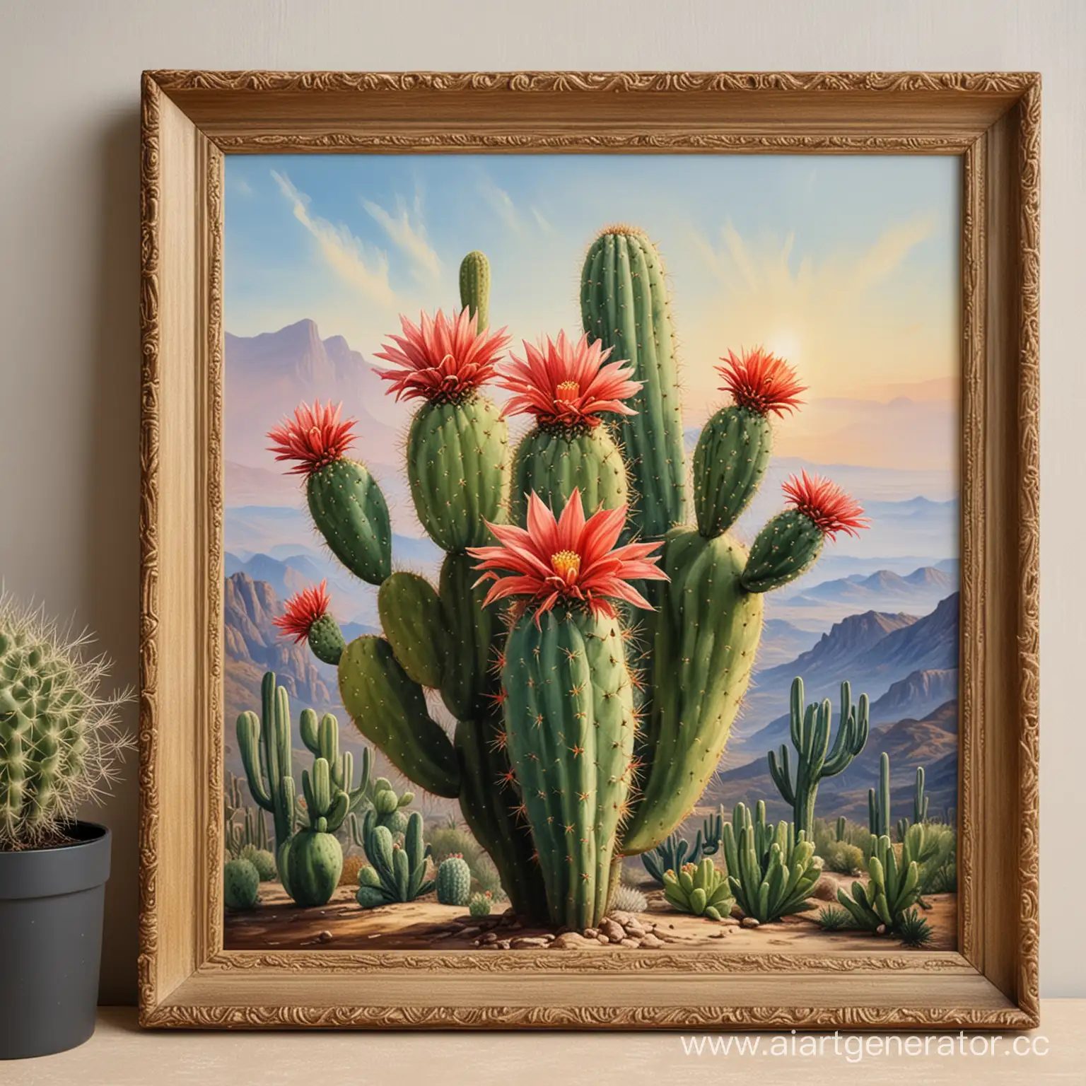 Oil-Painting-of-a-Flourishing-Cactus-in-a-Rustic-Wooden-Frame