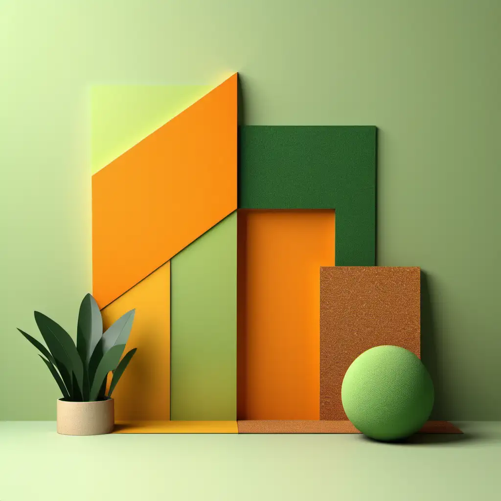 Materialcollage aus der Innenarchitektur mit Materialien in warmen grünen, gelben und organgenen Farbtönen, hintergrund hell und freundlich; als 3D darstellung räumlich; Materialien in Unterschiedlichen Formen dargestellt, minimalistisch 