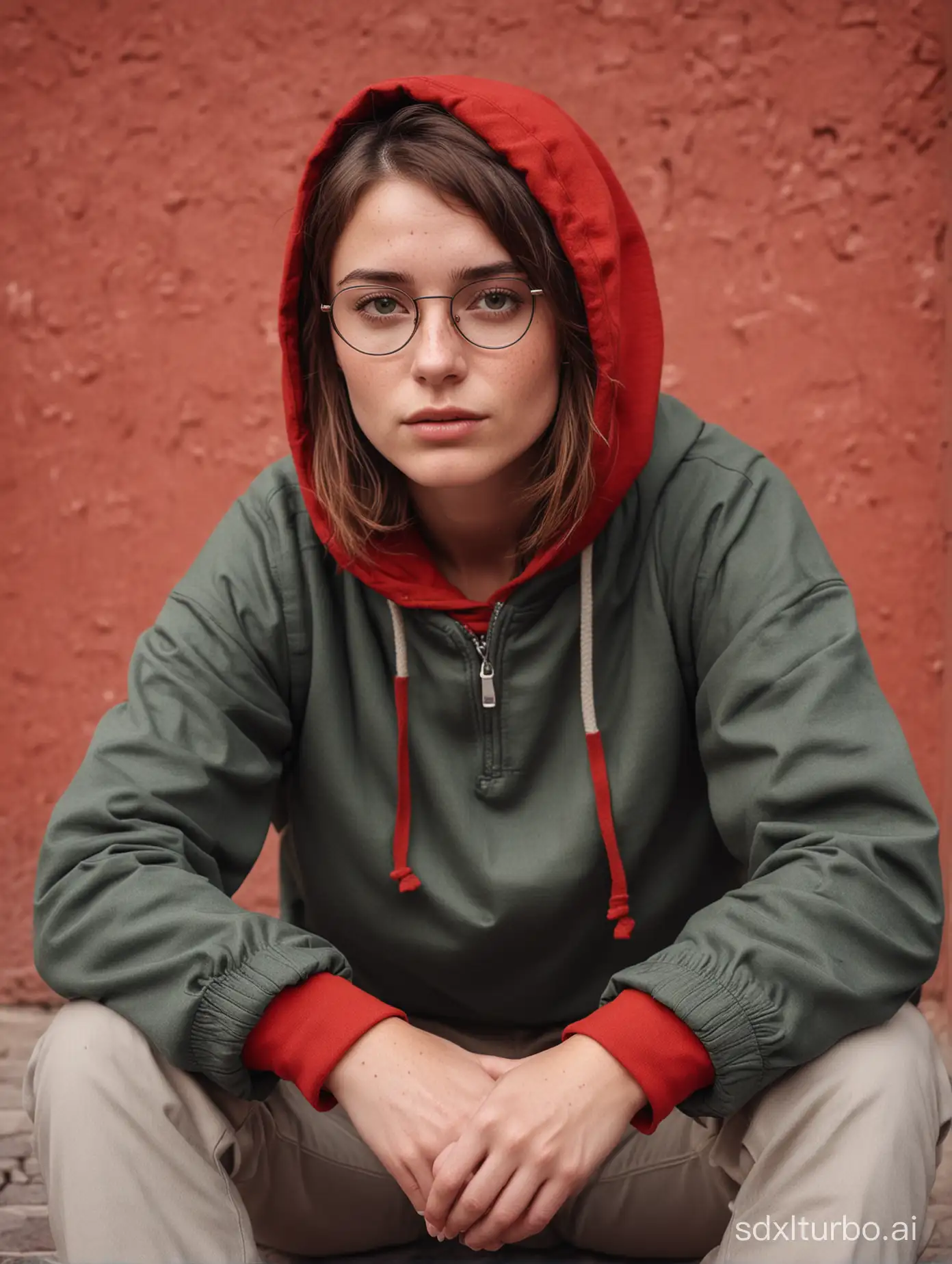 Cinematic full shot of a young French woman, 22 years old. She has freckles, moles, hazel eyes, and short wavy bob hair. Red wall. Sitting on the ground with her legs crossed in a model pose. She's wearing street hood clothes, aviator eyeglasses, straight to the camera.