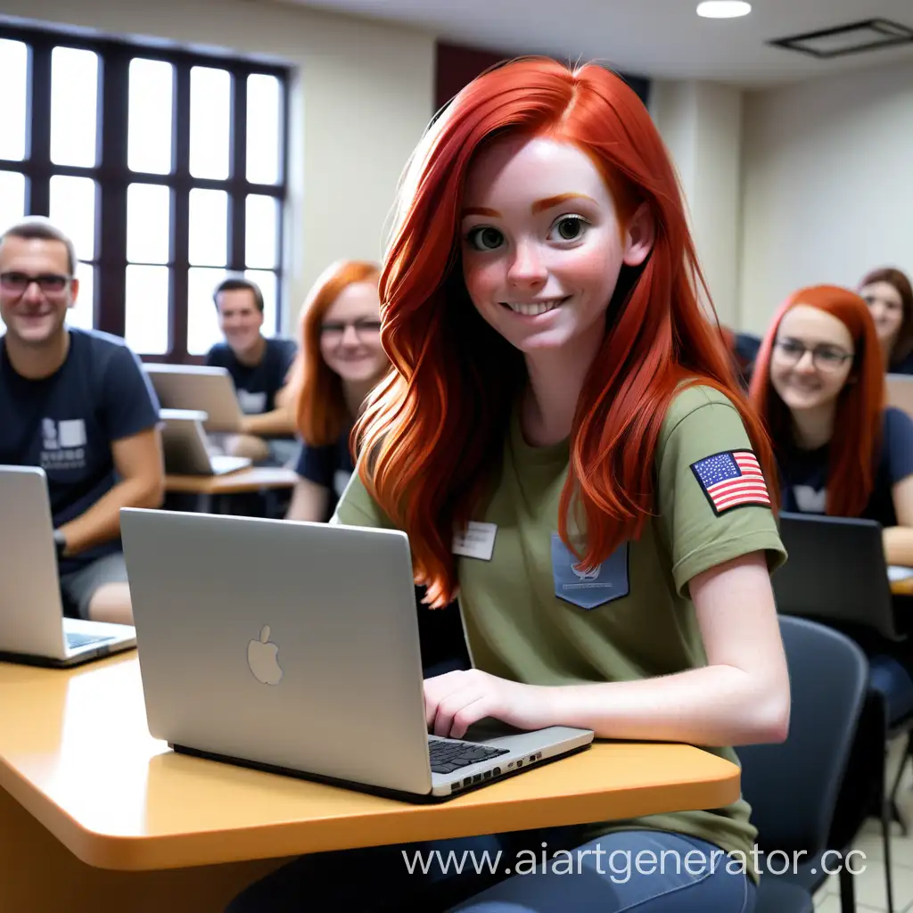 Сделай картинку с девушкой. У неё красные волосы до плеч. А ещё ноутбук в руках. Она волонтёр посольства США