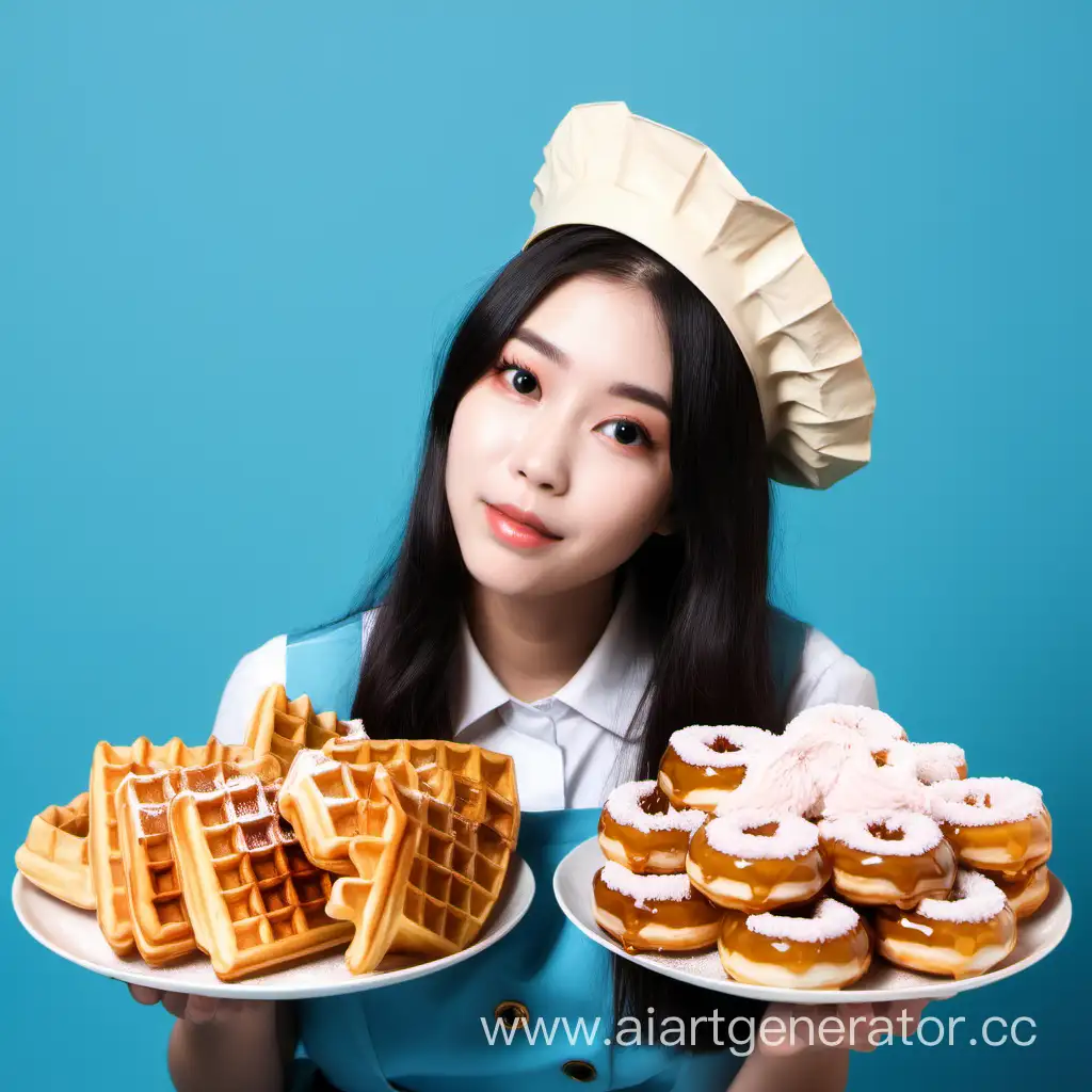 Girl-Enjoying-Belgian-and-Hong-Kong-Waffles-with-Colorful-Donuts-on-Blue-Background