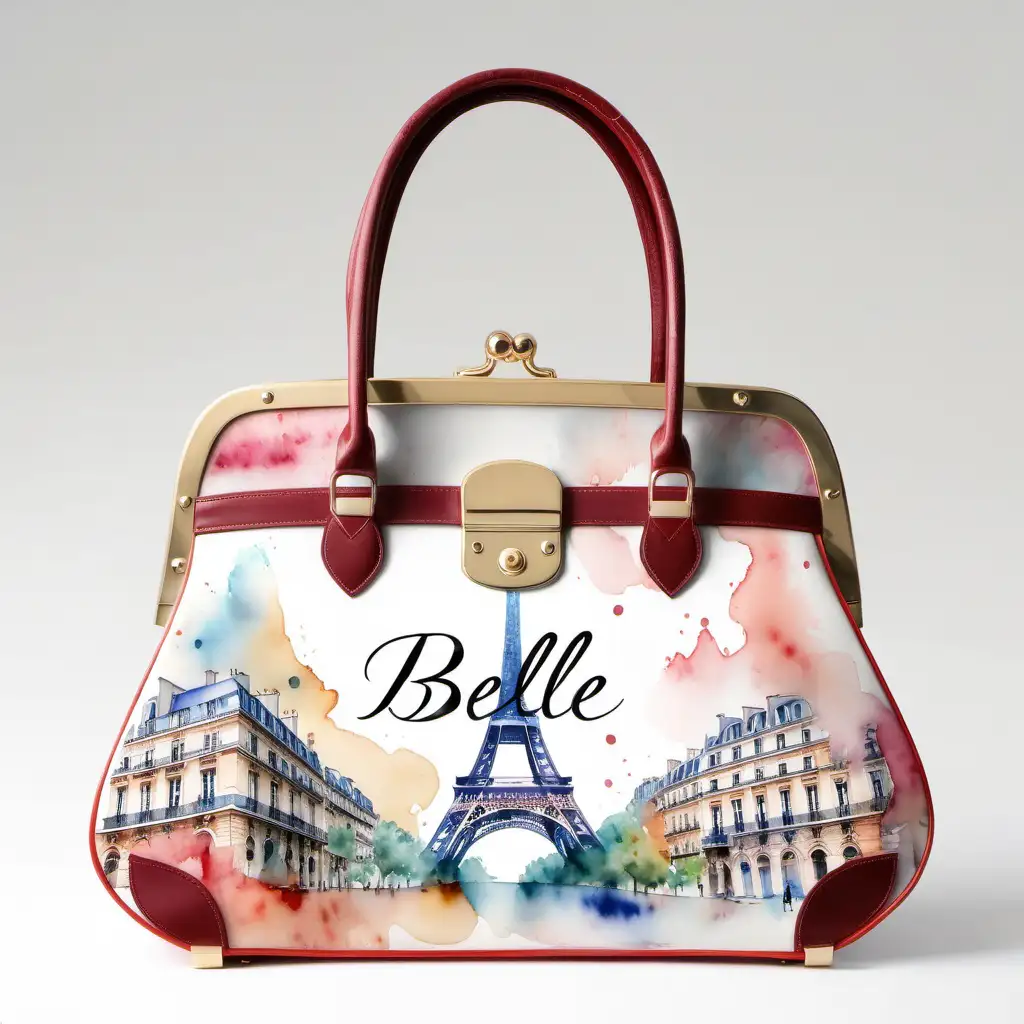 French handbag IN WATERCOLOR with Belle brand name Belle printed on it