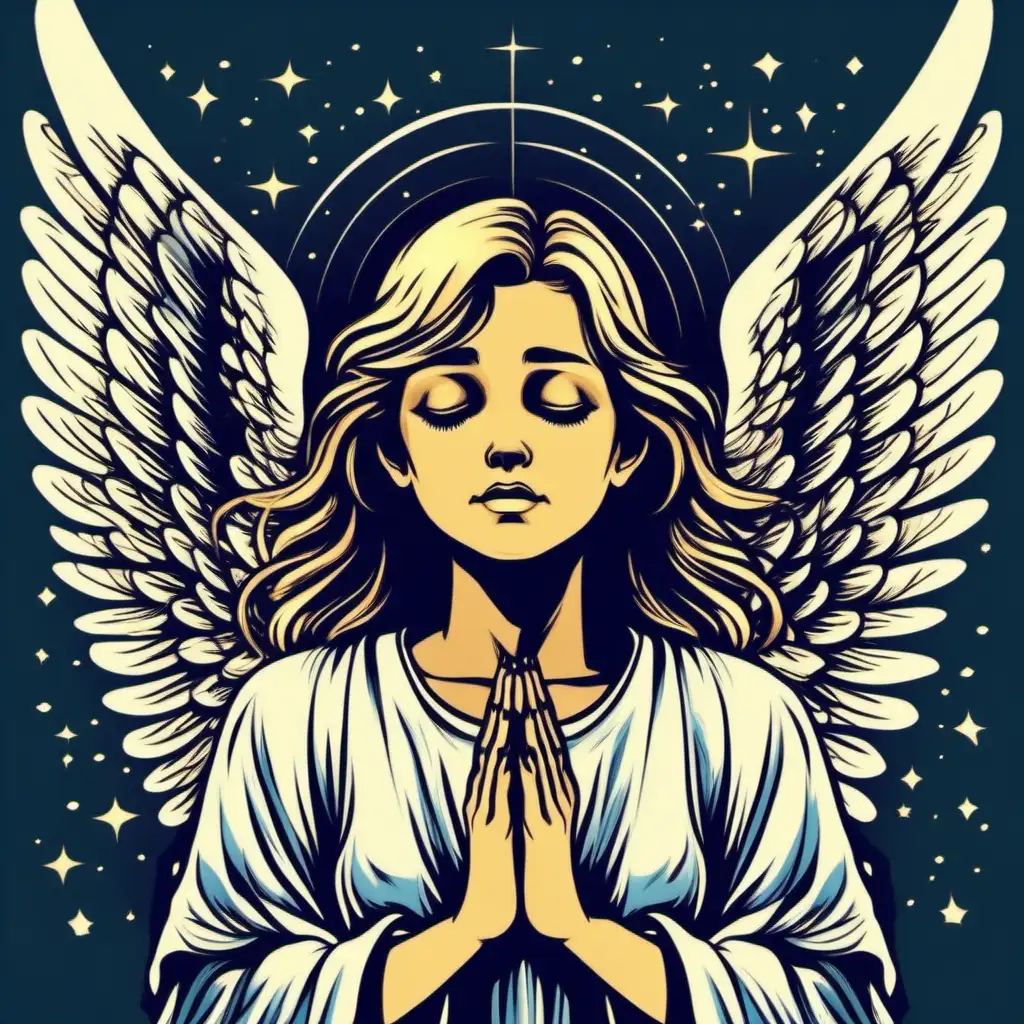 Praying Angel Girl with Upward Hands and Visible Wings in Moody Vector Art