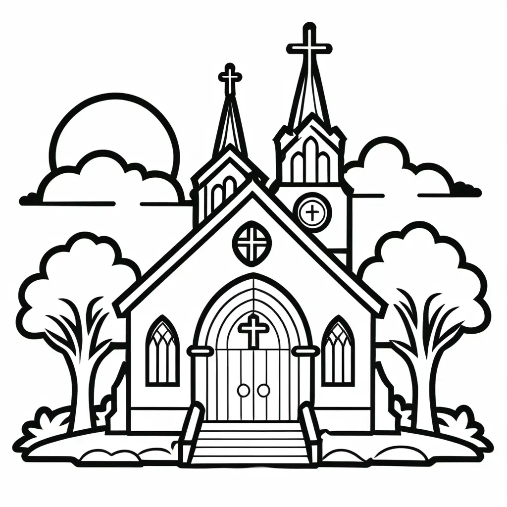 Coloring Church Activity for Kids Vibrant Illustration with Thick Solid Lines