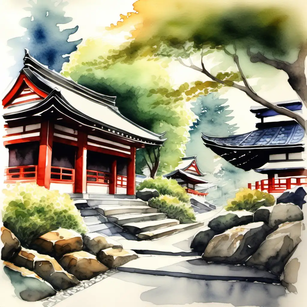Japanese Temple Stone Sidewalks Tranquil Watercolor Landscape Art