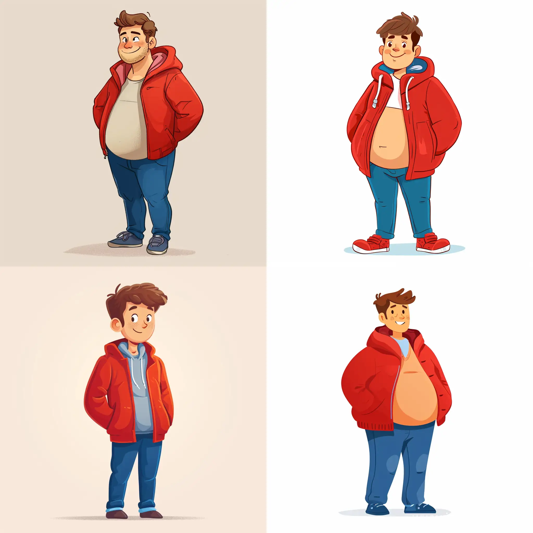 brunett A young man with a medium belly, not athletic, and a light beard, wearing a red jacket and blue pants,smiley,friendly,cute