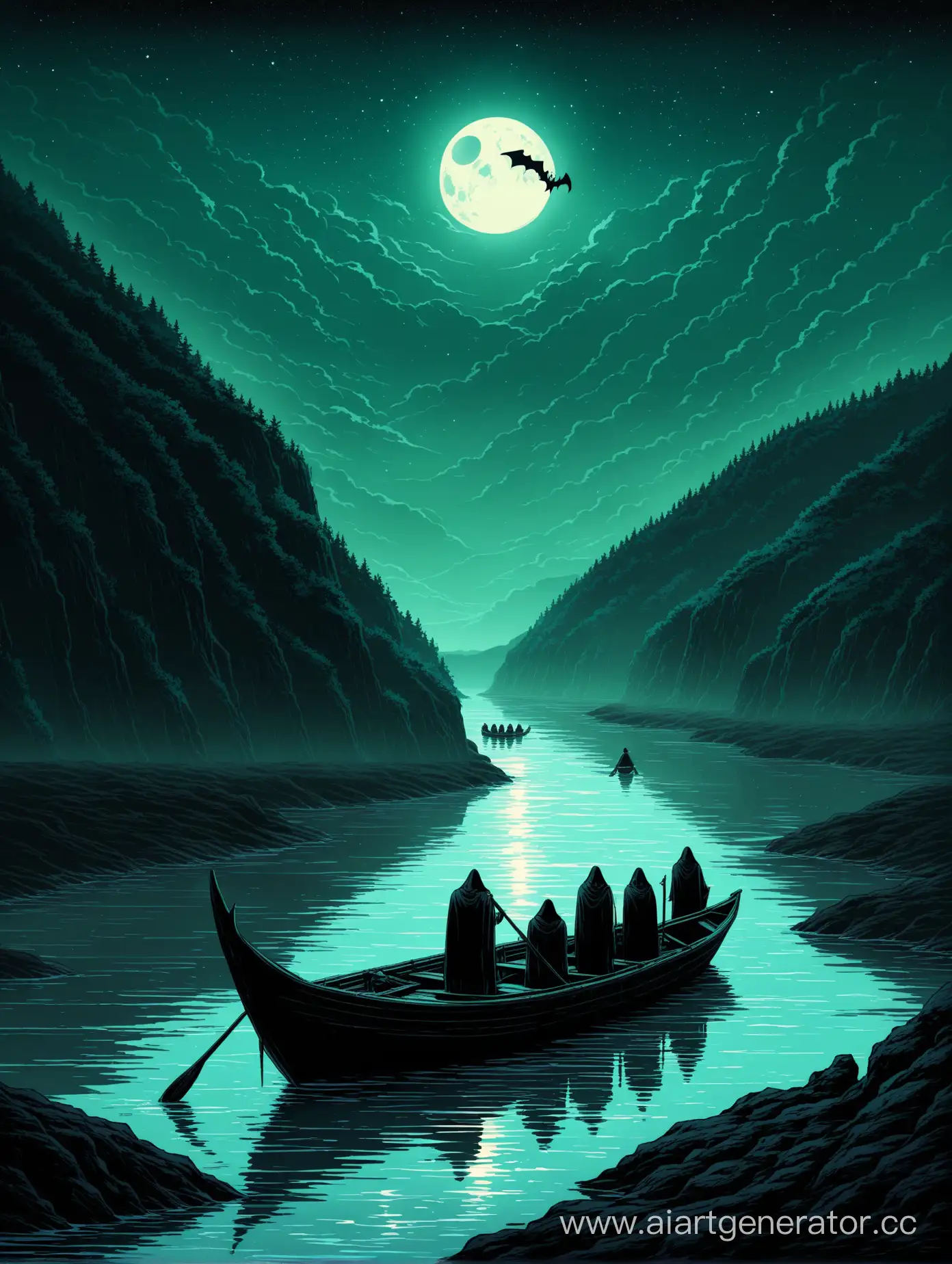 Предместья реки Стикс. Черная вода. Лодка с хароном. Каменистый берег. Пятеро человек в лодке. 