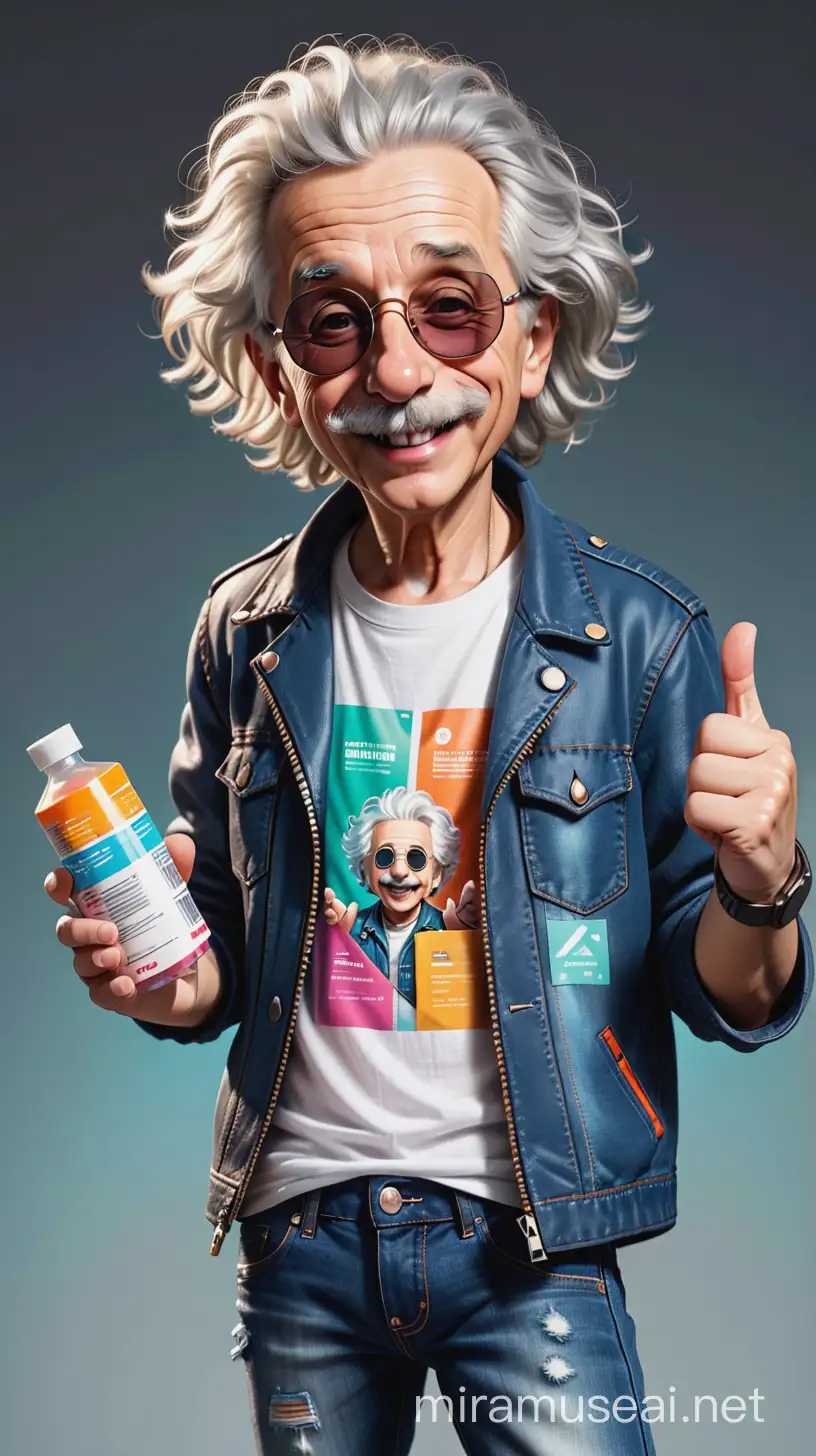 smiling Einstein in sunglasses, jeans, a T-shirt, a fashionable rocker jacket with a zipper, with one hand he holds out a small rectangular pack of medicine