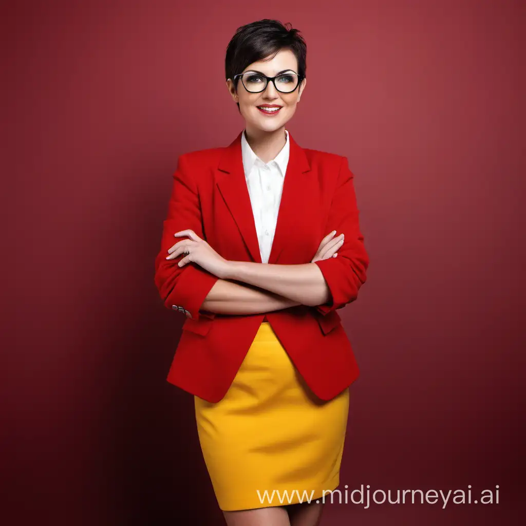 bright yellow background, heroic, woman in red blazer with short dark brown hair and glasses