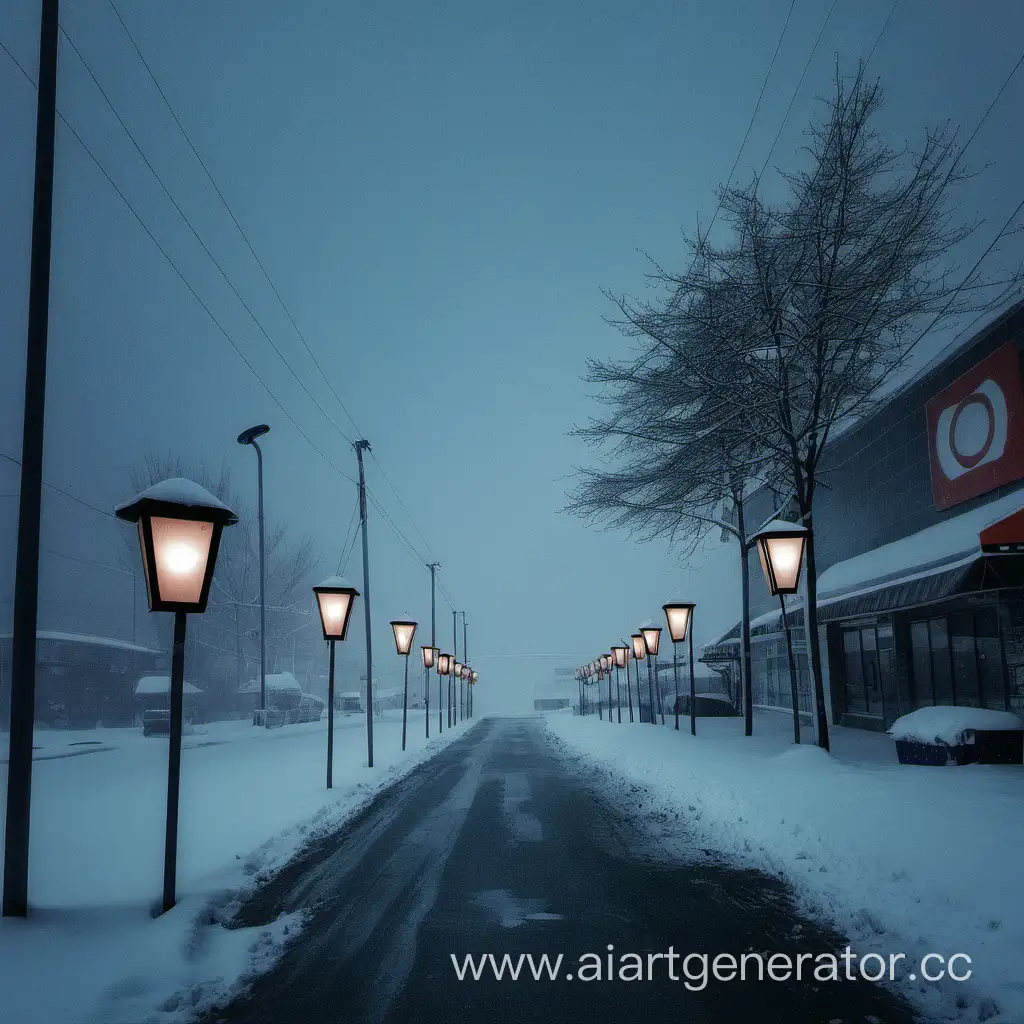 Супер маркет, небольшая пустая дорога, один тусклый фонарь, зима, снегопад, вайб