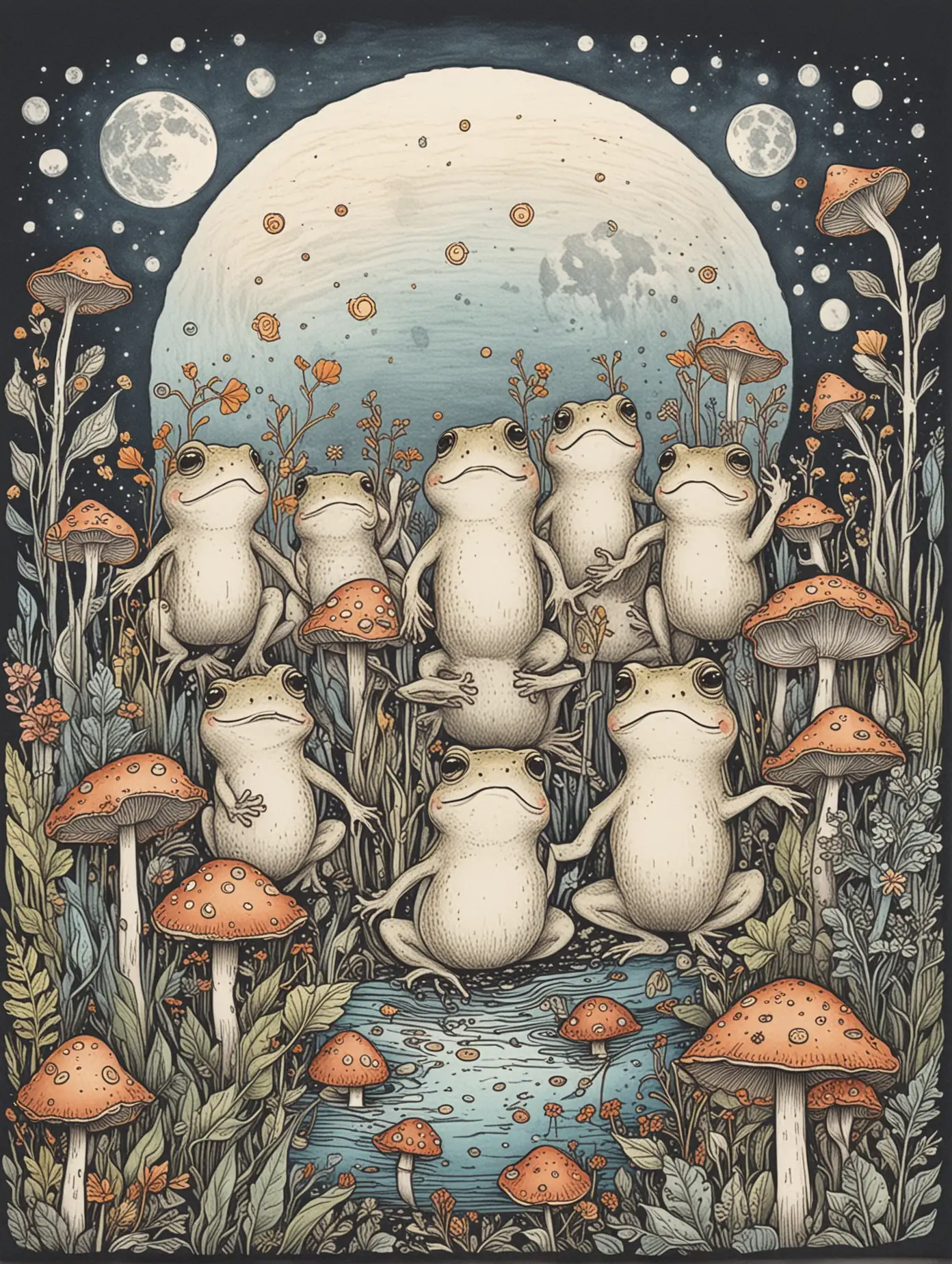 Cheerful Moonlit Night with Dancing Frogs and Mushrooms
