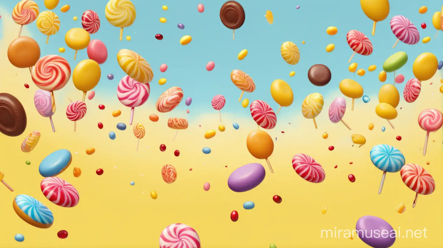 Create an image where candies are falling from the sky and gathering at the bottom. The background color should be a solid yellow.
