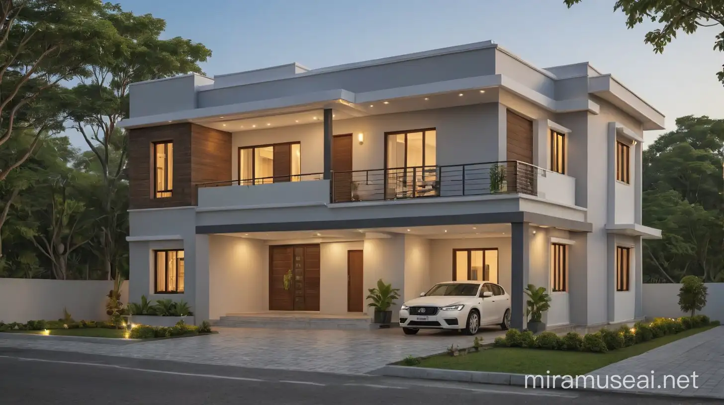 EST HOUSE TWO FLOOR SMALL FRONT DESIGN IN BUDGET WITH FLAT ROOF, WITH BEAUTIFUL LITING EFFECT