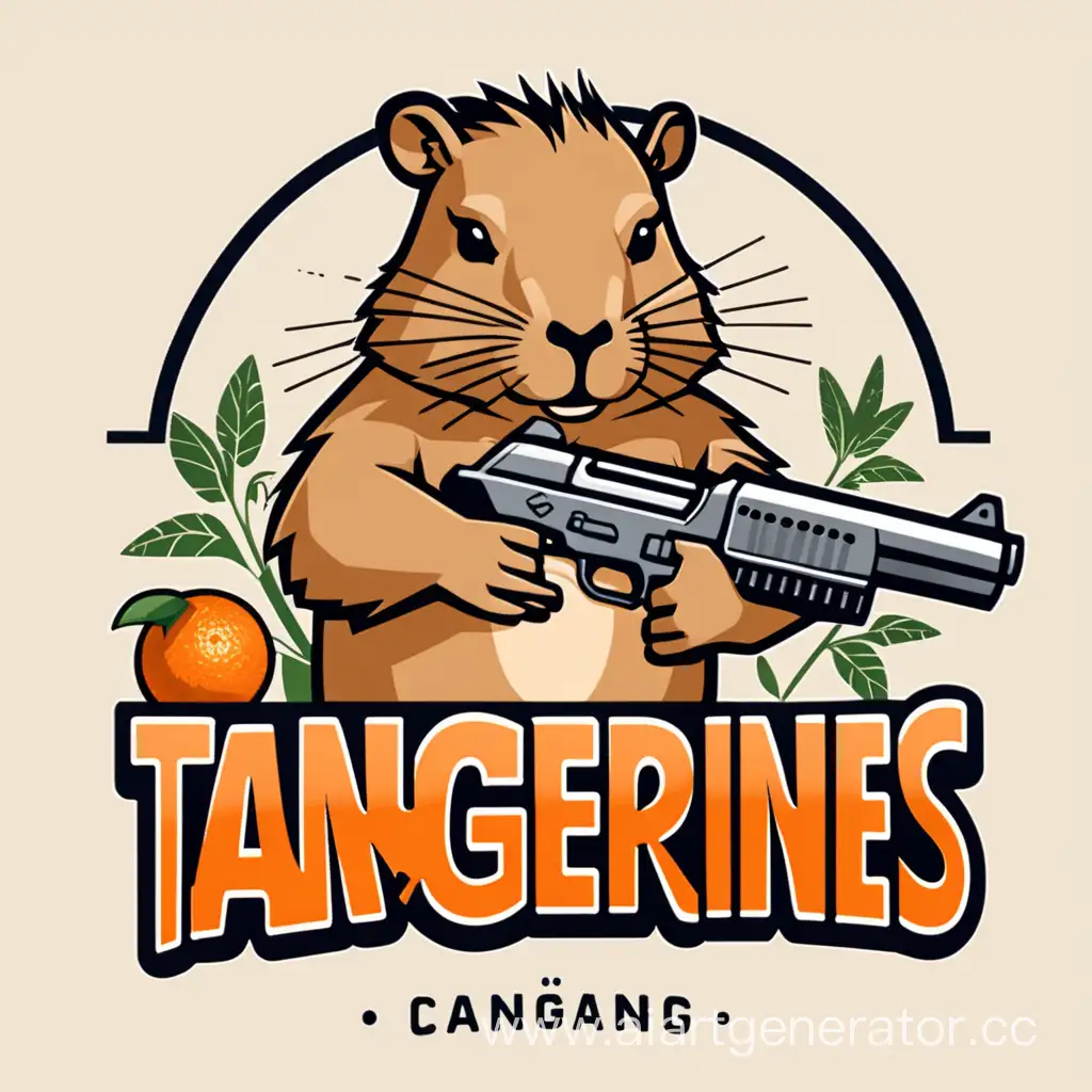 Капибара с пистолетом в руках логотип для игры с надписью снизу "Tangerines"