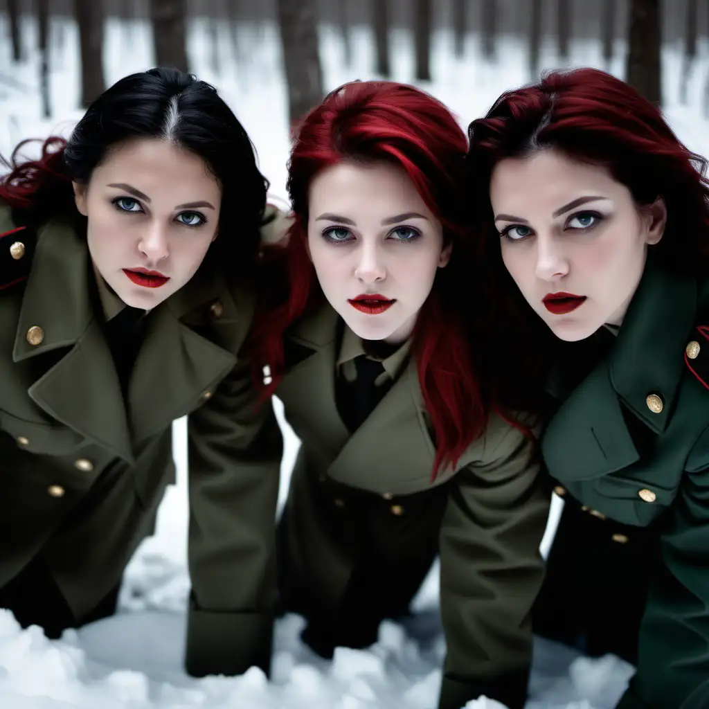 three pretty women in military coats killed murdered in forest crime laying dead in snow headshots blood