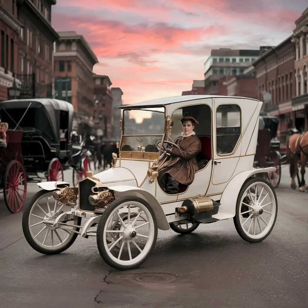 Vintage photograph, late 1800s, street of a big city in North America, a woman is driving a car white details, steampunk, anachronistic