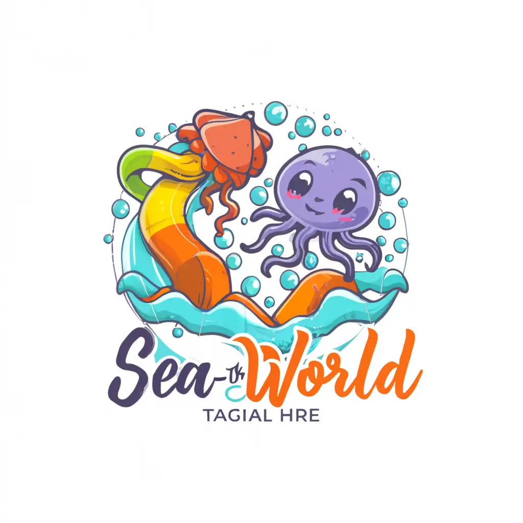 a logo design,with the text "Sea-The-World", main symbol:purple jellyfish, orange fish, water slides,Moderate,clear background