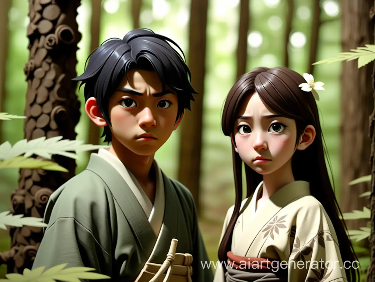 спиной к нам японский парень 16 лет, красивая девушка 13 лет в лесу  древние времена