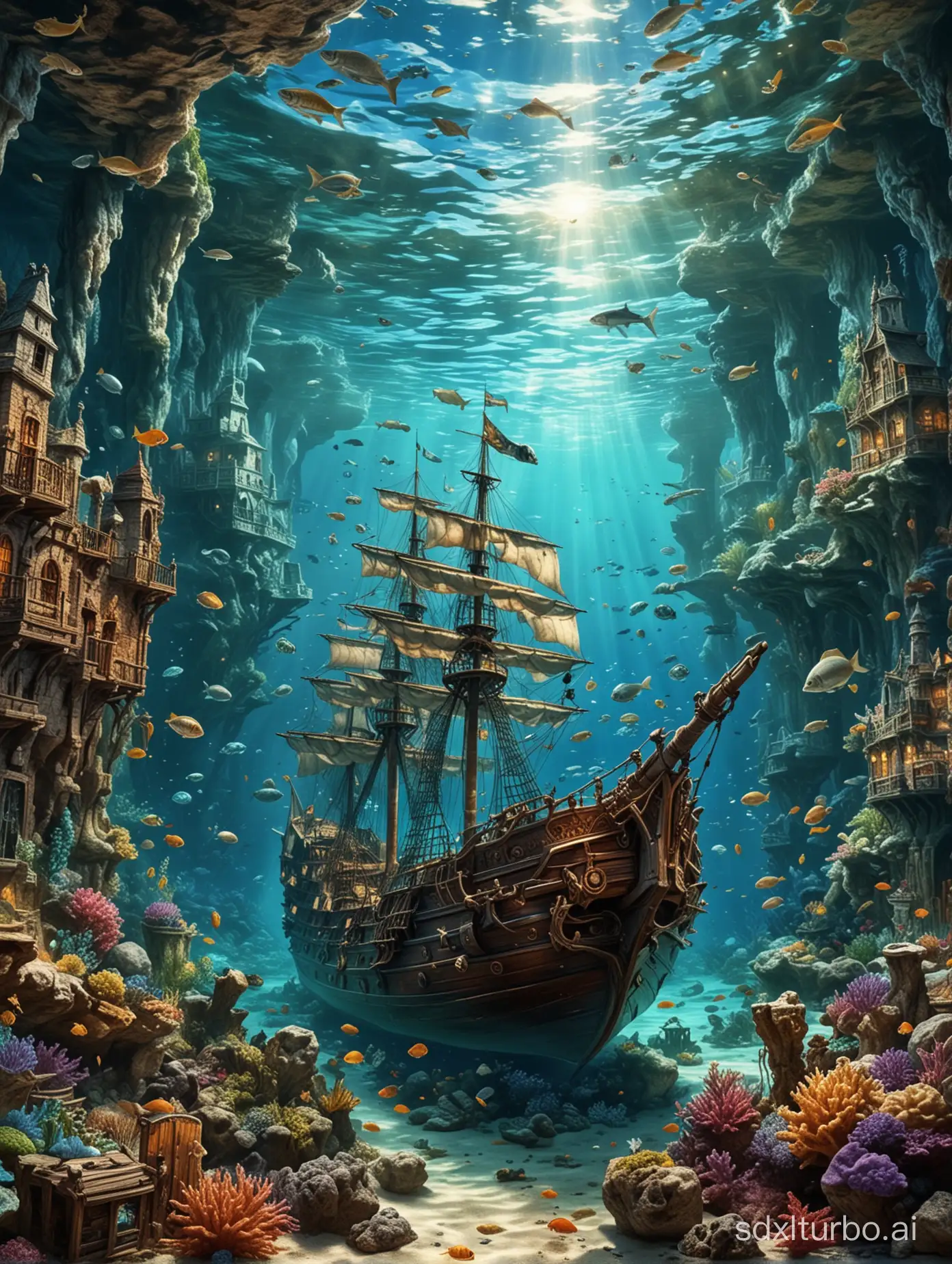 Under sea, old ships, treasure, castle, fishes, beautiful, high defination image, 