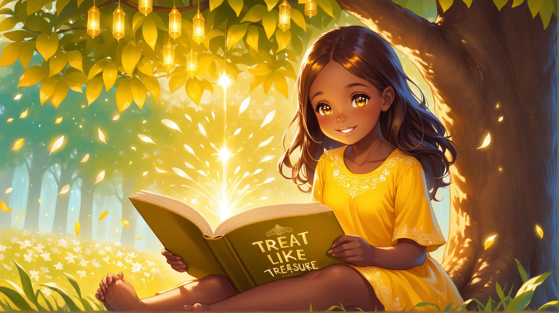 Lily a cheerful interracial girl with a spark of kindness in her eyes, sitting under a tree, reading a book with a golden glow emanating from its pages, depicting the words "Treat Others Like Treasure."